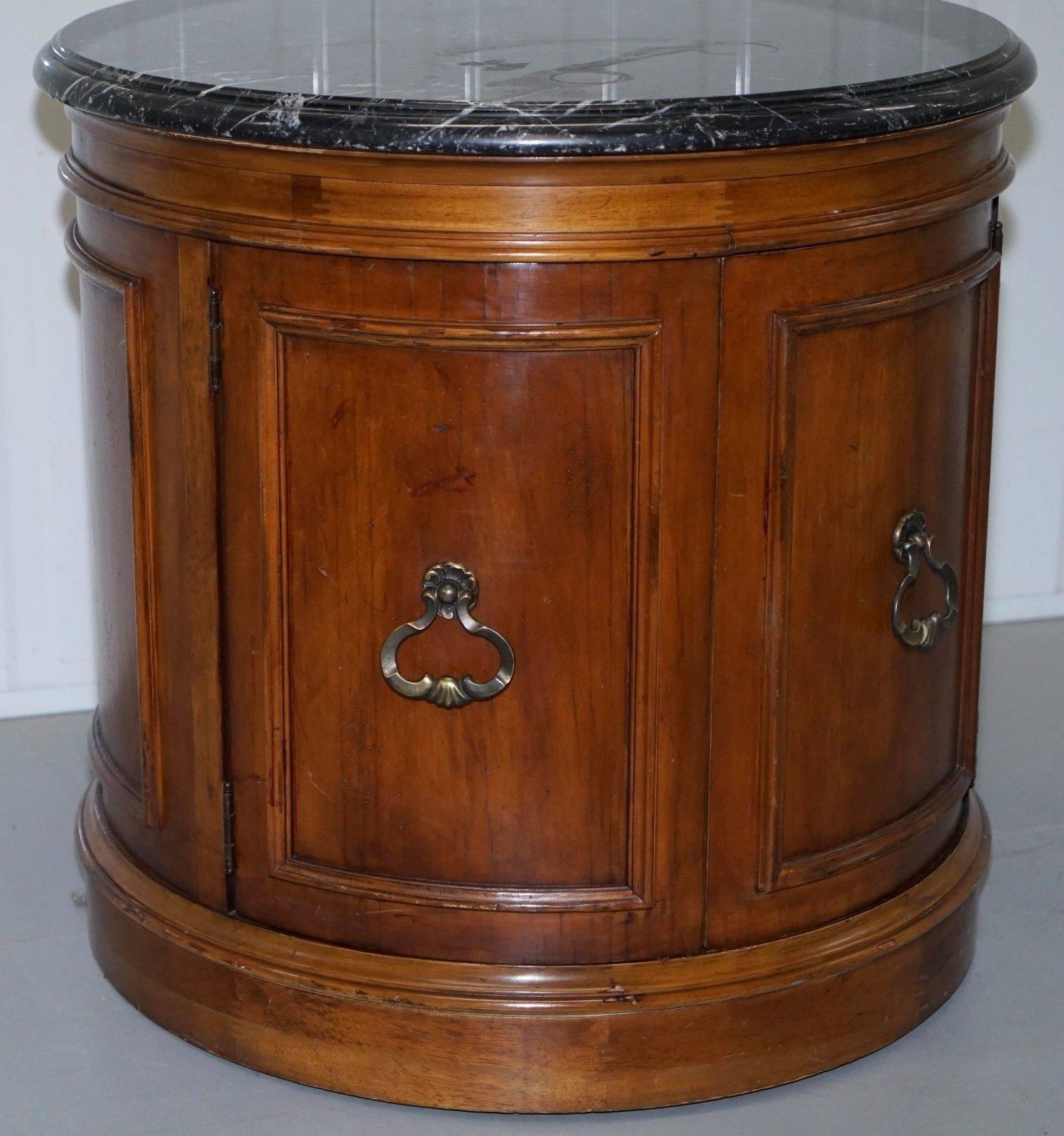 Hand-Carved Regency Style Round Mahogany Marble Topped Large Drum Side Occasional Lamp Table