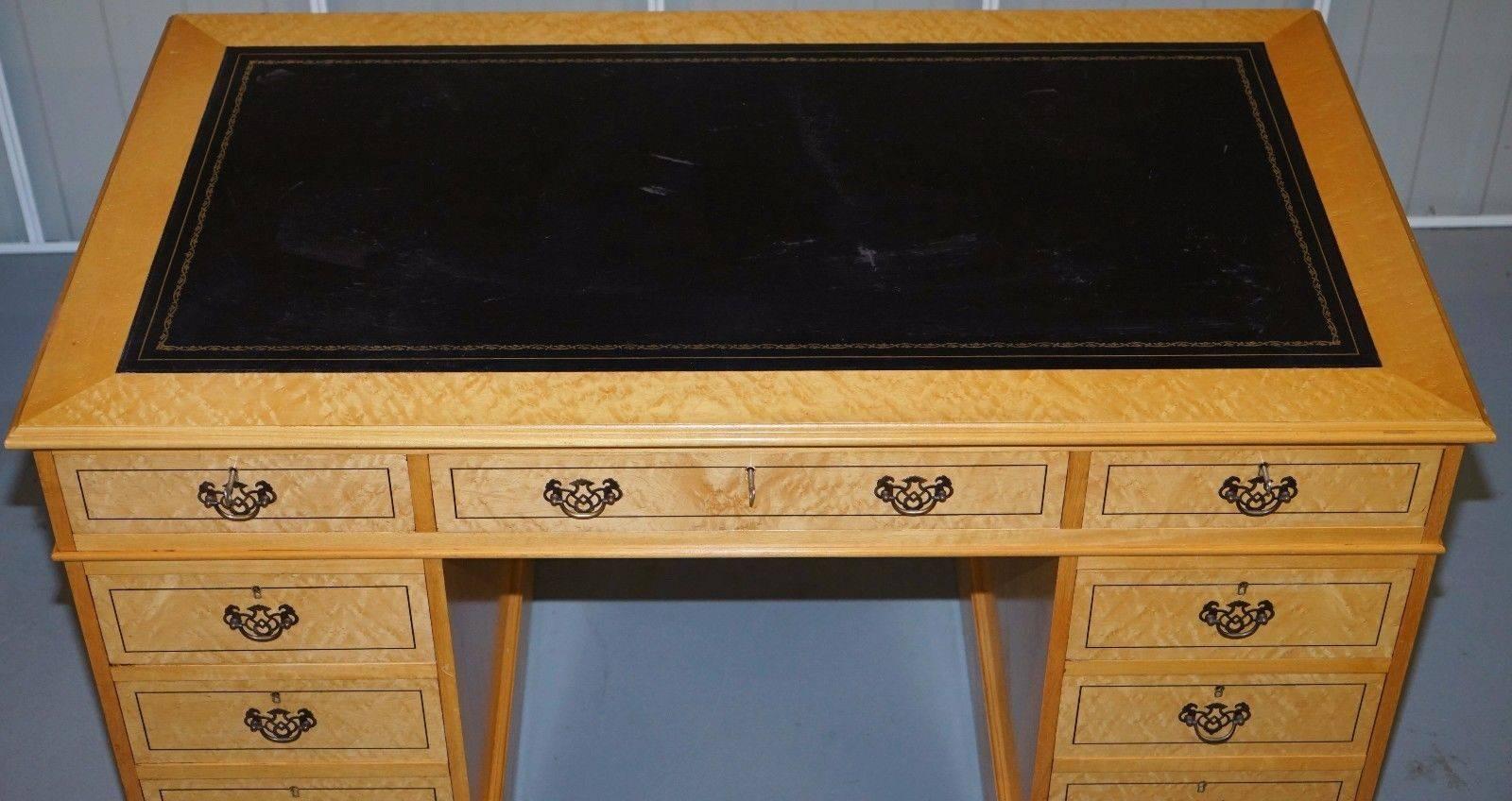 British Rare Birdseye Maple Twin Pedestal Partner Desk