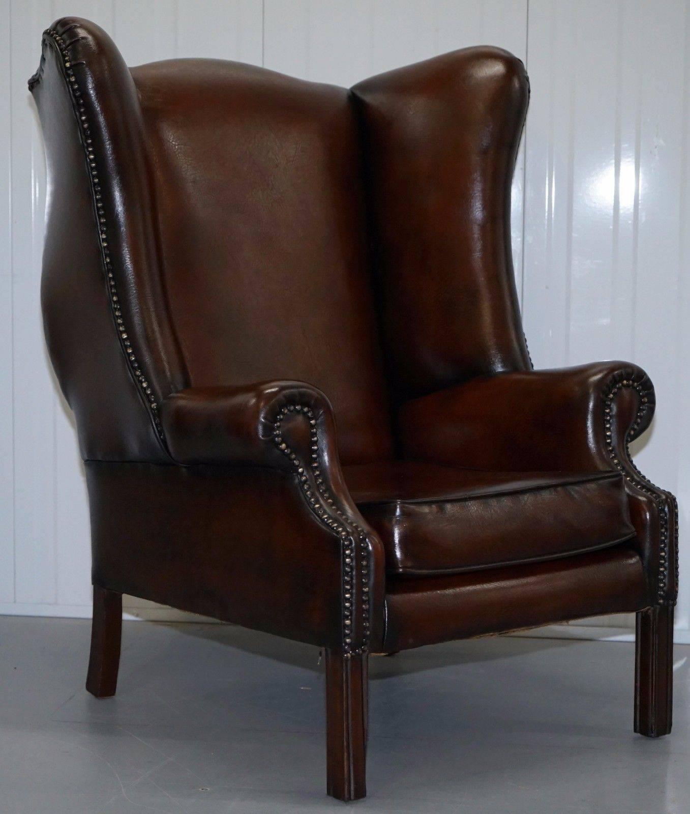 We are delighted to offer for sale this pair of restored aged brown leather Porters wingback armchairs with Georgian style straight legs

Please note the delivery fee listed is just a guide, for an accurate quote please send me your postcode and