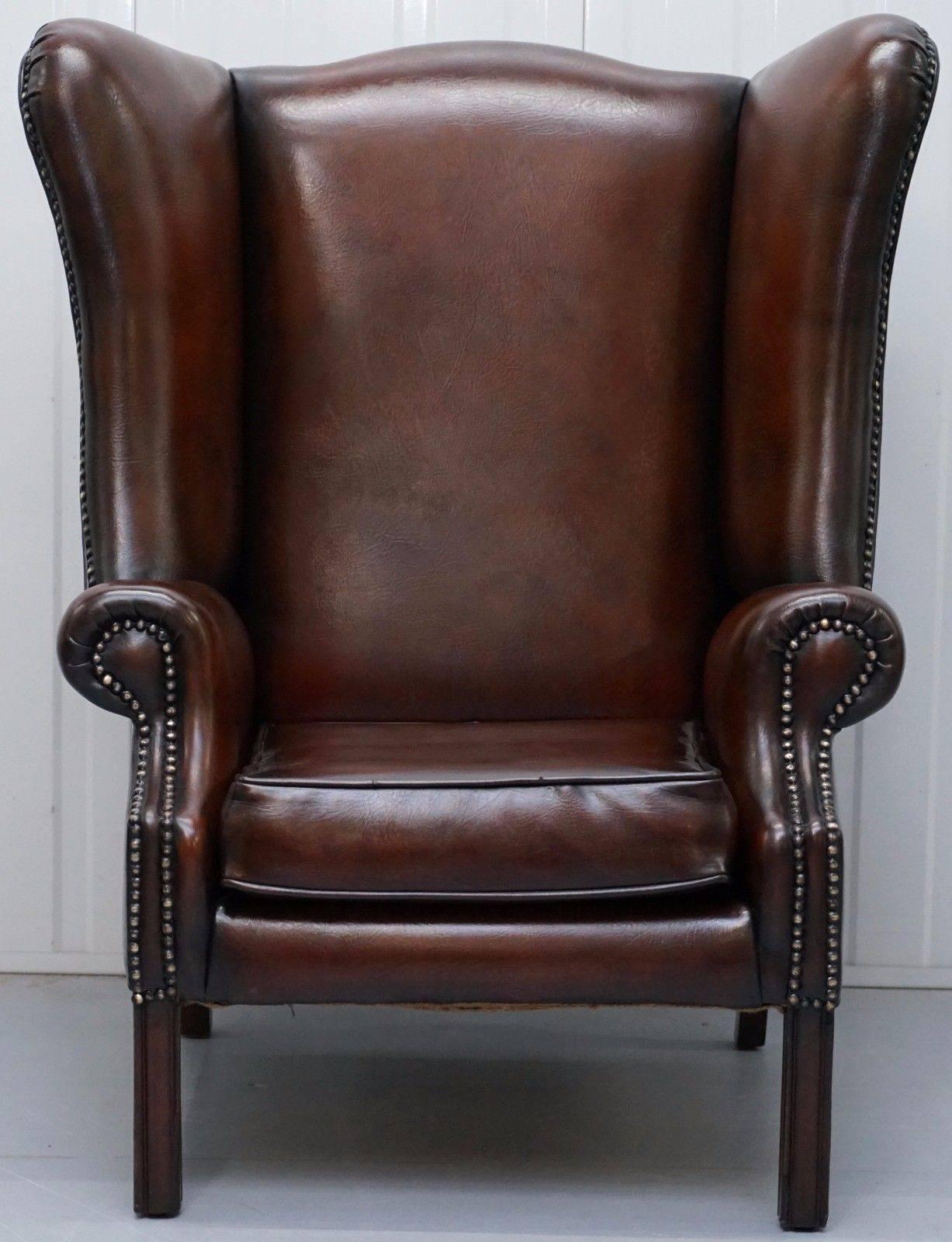 Victorian Pair of Restored Brown Leather Porters Wide Wingback Armchairs