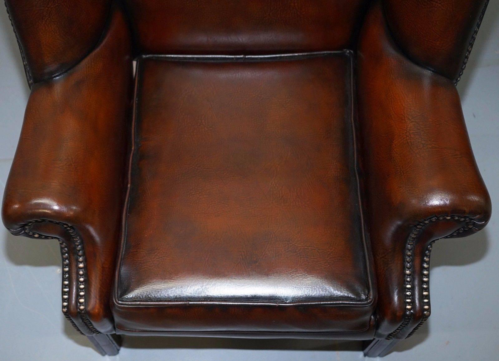 Unknown Pair of Restored Brown Leather Porters Wide Wingback Armchairs