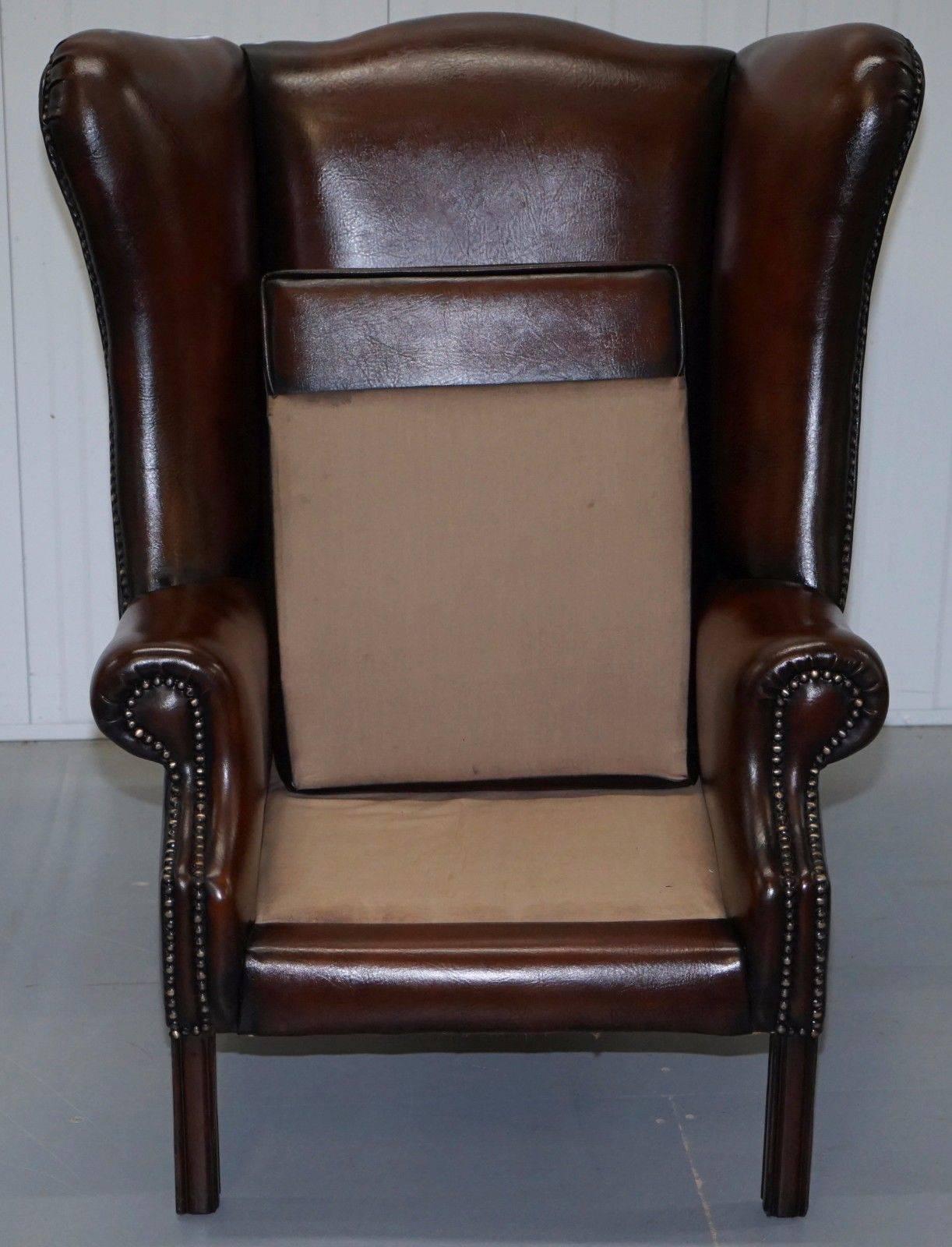 20th Century Pair of Restored Brown Leather Porters Wide Wingback Armchairs