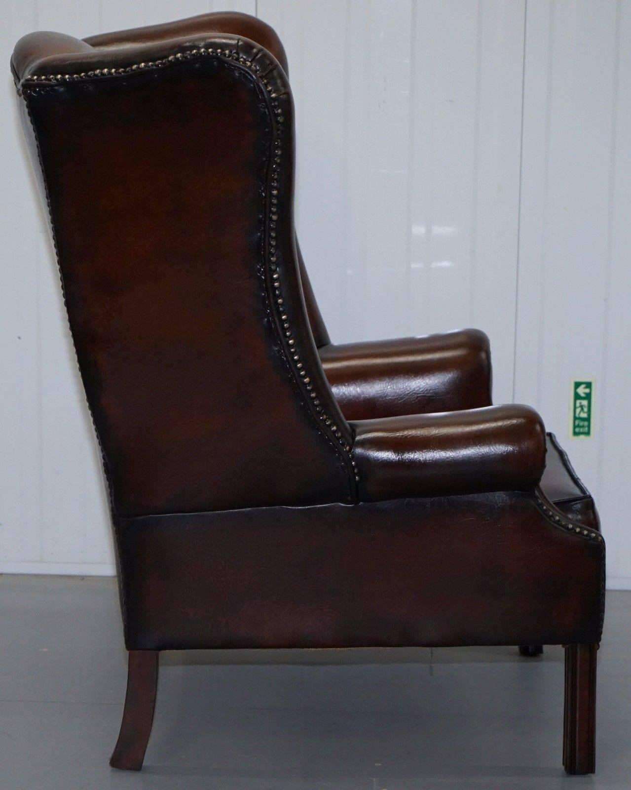 Pair of Restored Brown Leather Porters Wide Wingback Armchairs 1