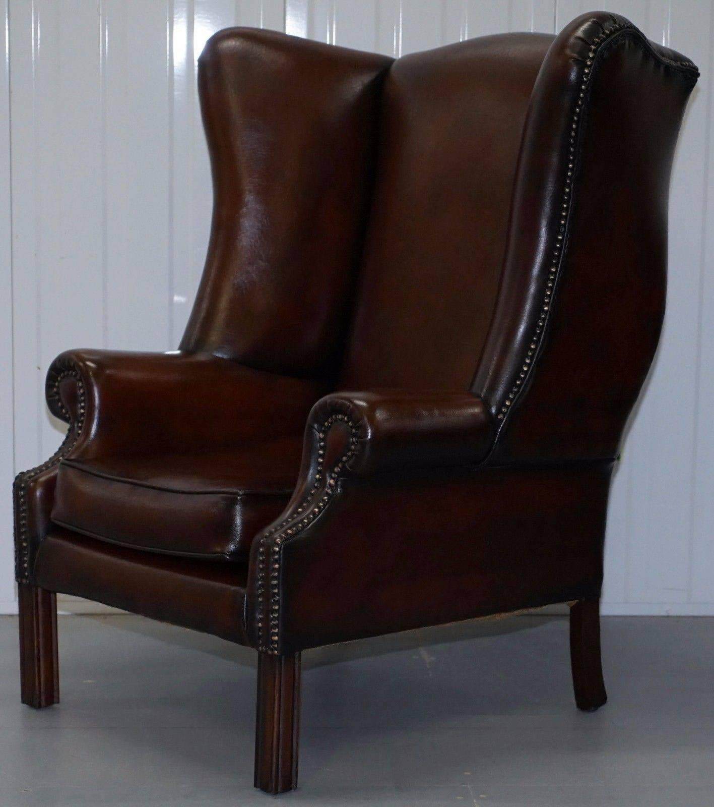 Pair of Restored Brown Leather Porters Wide Wingback Armchairs 2