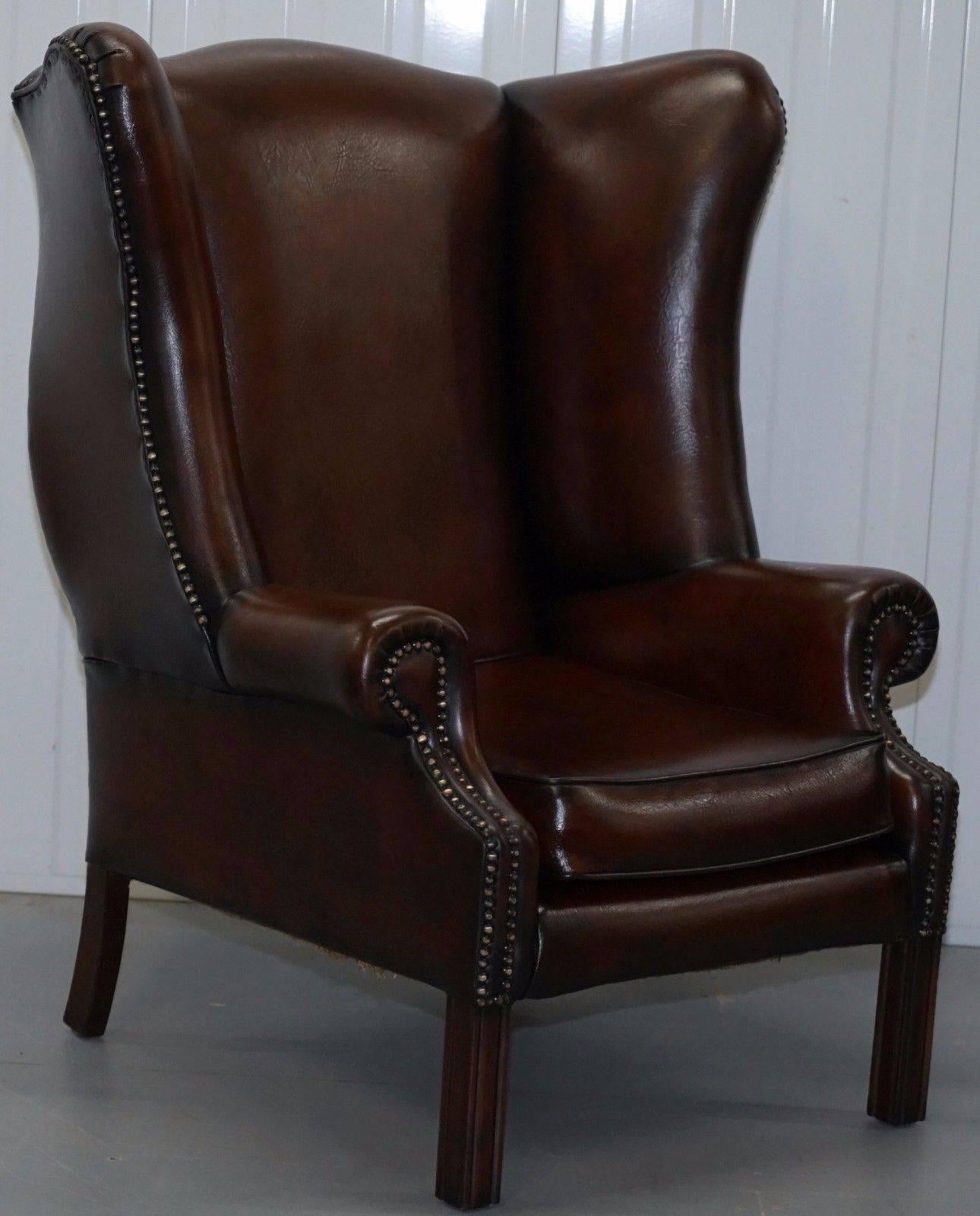 Pair of Restored Brown Leather Porters Wide Wingback Armchairs 3
