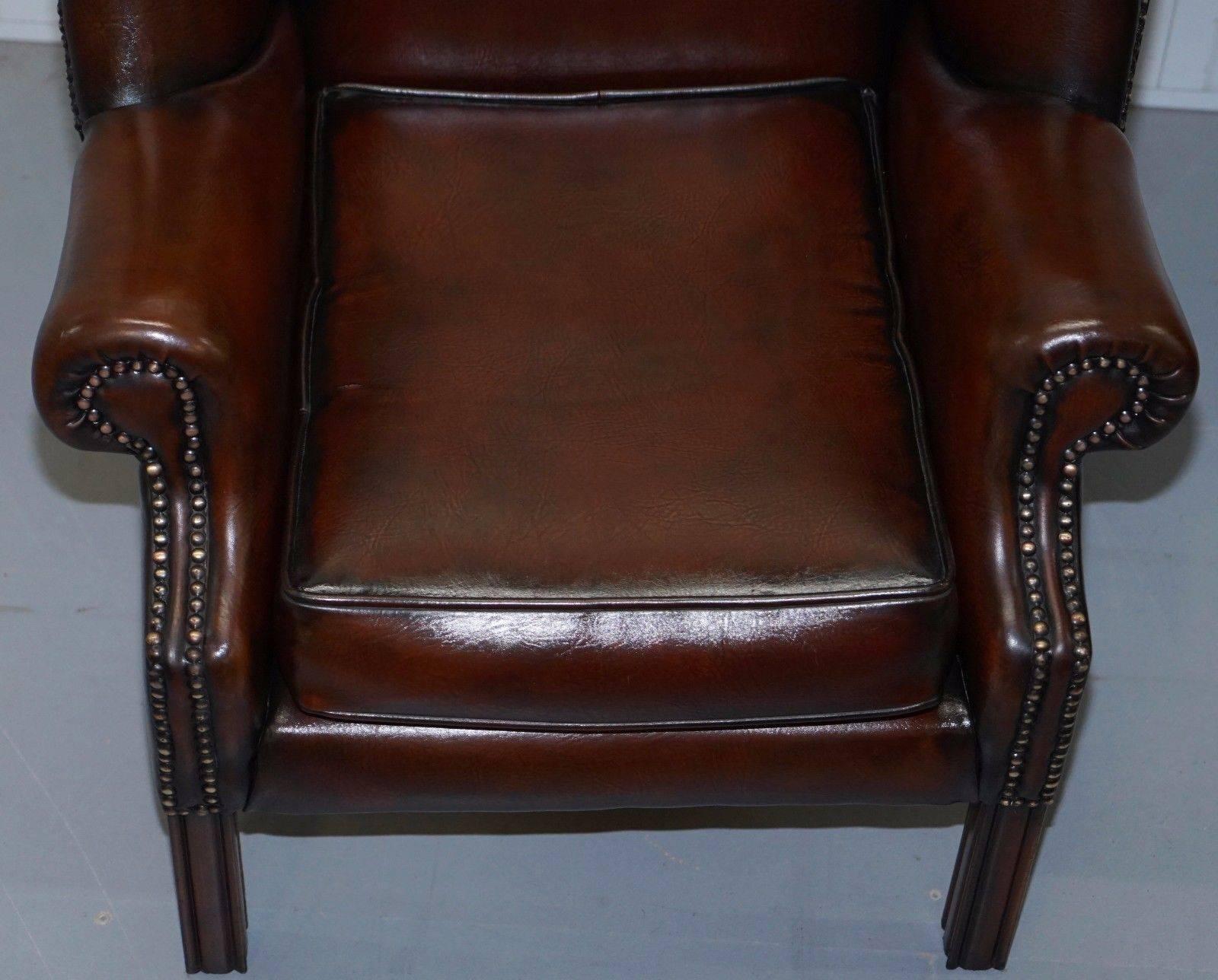 Pair of Restored Brown Leather Porters Wide Wingback Armchairs 4