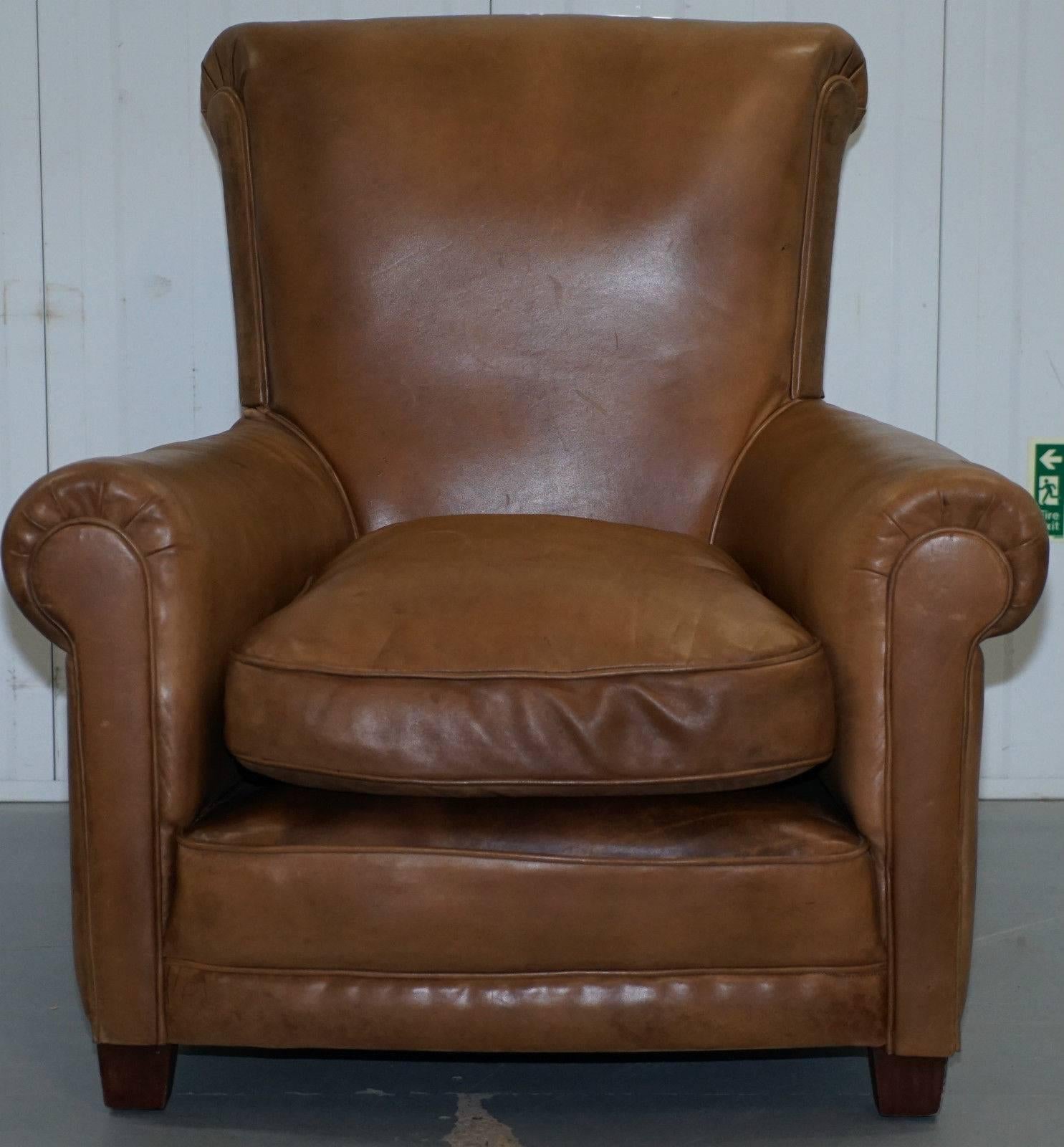 We are delighted to offer for auction this antique hand dyed aged tan brown leather club armchair

Please note the delivery fee listed is just a guide, for an accurate quote please send me your postcode and I’ll price it up for you

This is a lovely