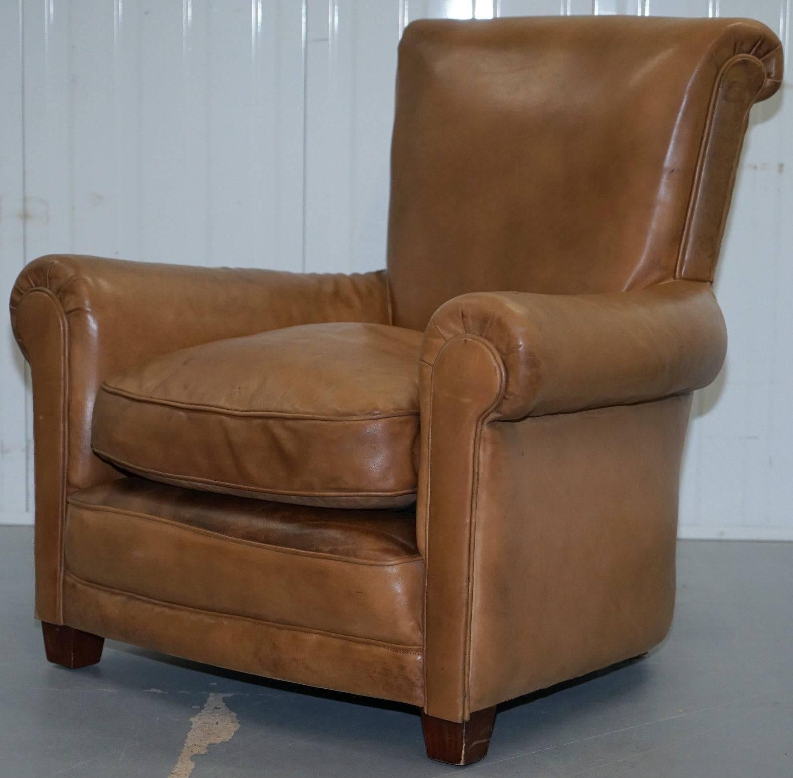 Victorian Antique Aged Tan Brown Leather Full Aniline English Gentlens Club Armchair