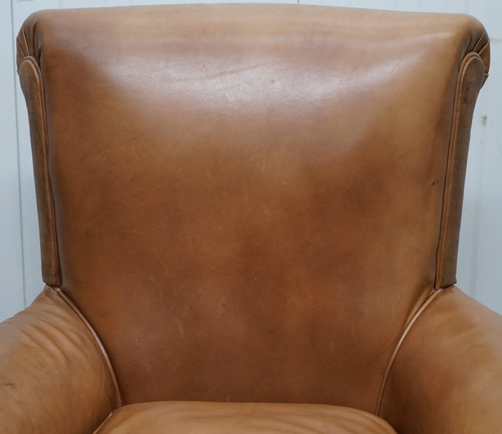British Antique Aged Tan Brown Leather Full Aniline English Gentlens Club Armchair