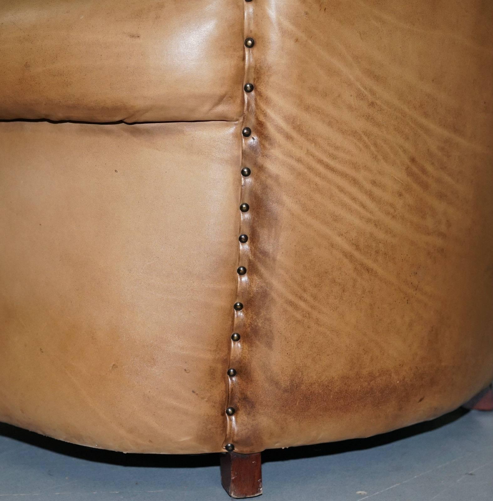 20th Century Antique Aged Tan Brown Leather Full Aniline English Gentlens Club Armchair