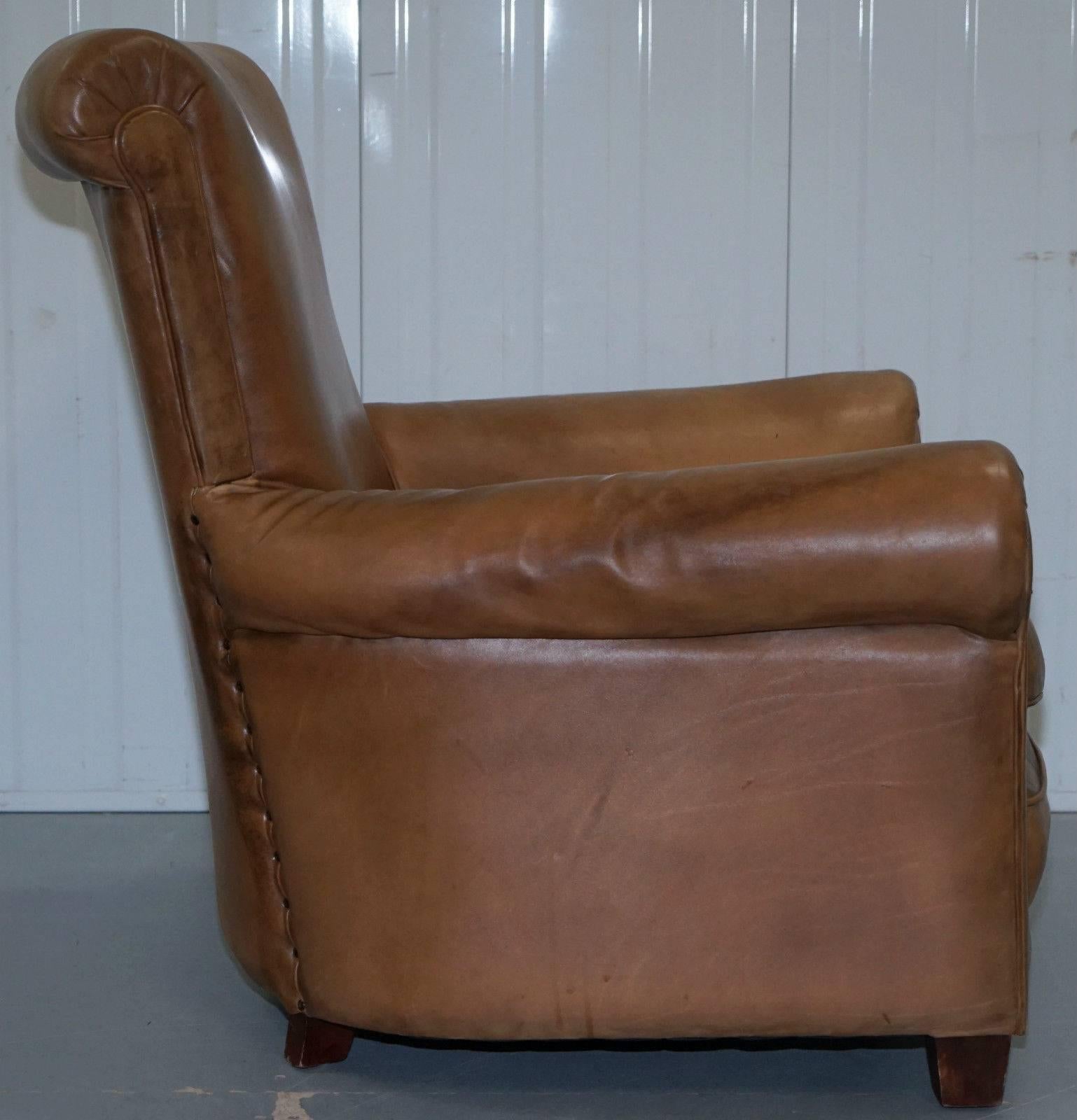 Antique Aged Tan Brown Leather Full Aniline English Gentlens Club Armchair 1