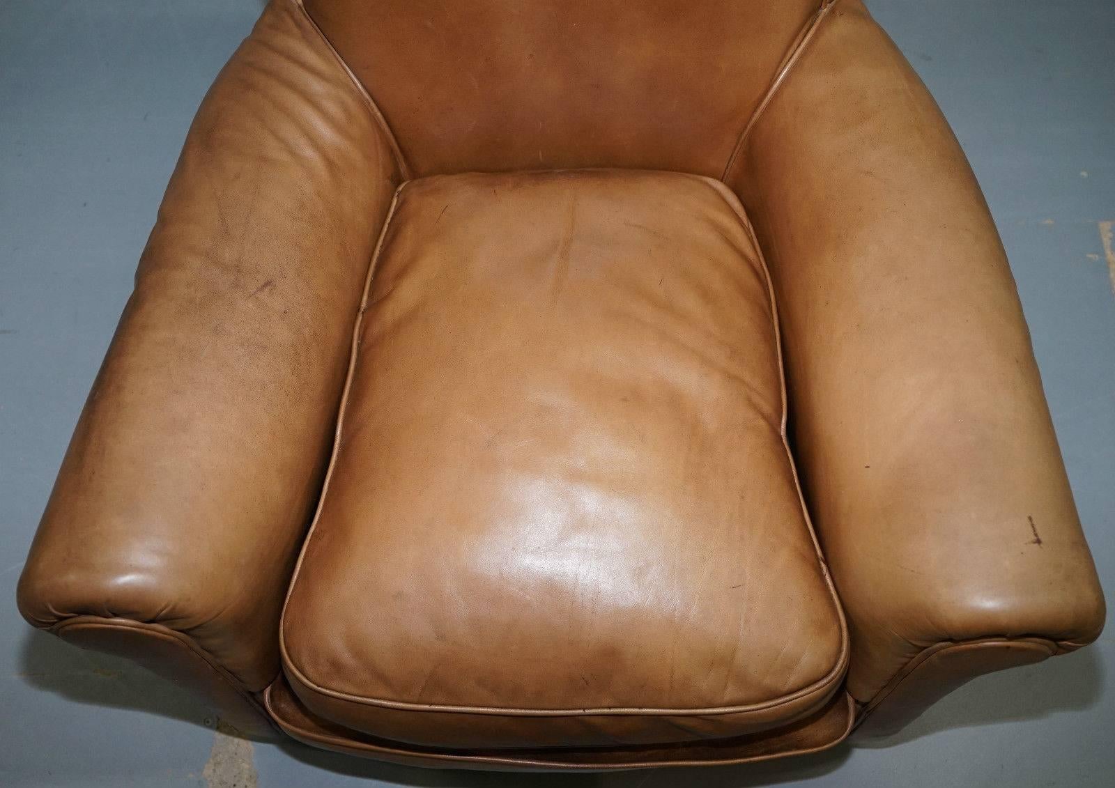 Antique Aged Tan Brown Leather Full Aniline English Gentlens Club Armchair 4