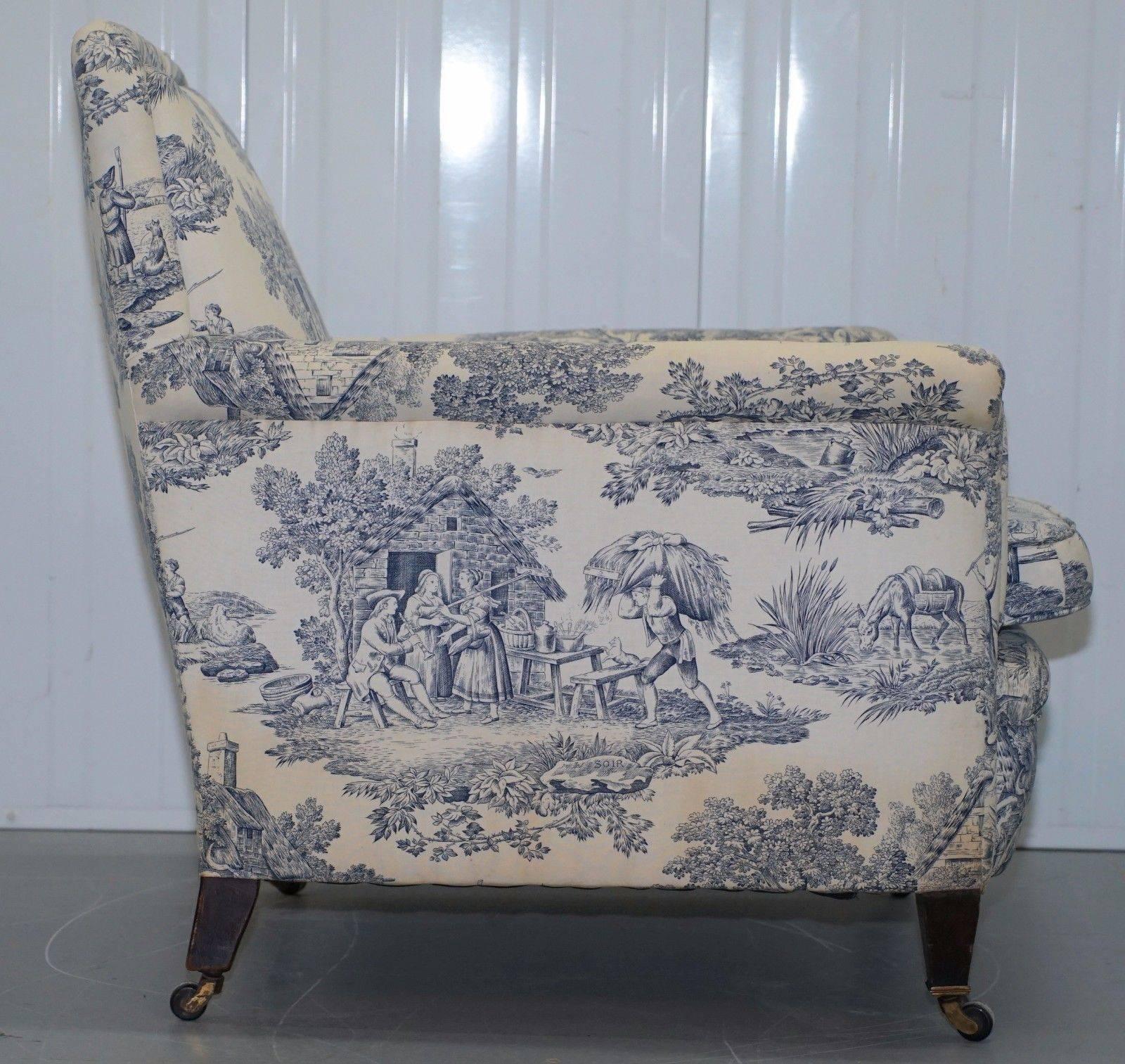 18th Century and Earlier Original WG 1738 Stamped French Club Armchair Inc Toile de Jouy Style Upholstery