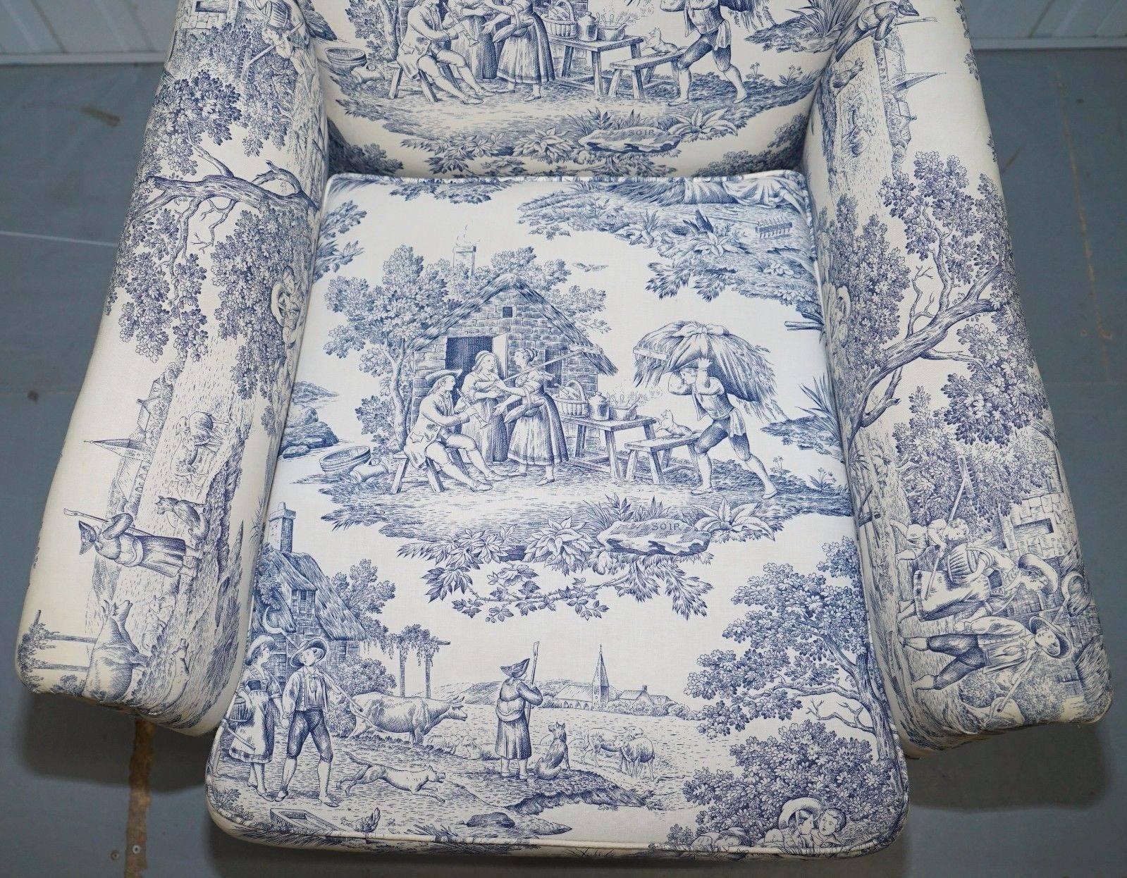 French Provincial Original WG 1738 Stamped French Club Armchair Inc Toile de Jouy Style Upholstery