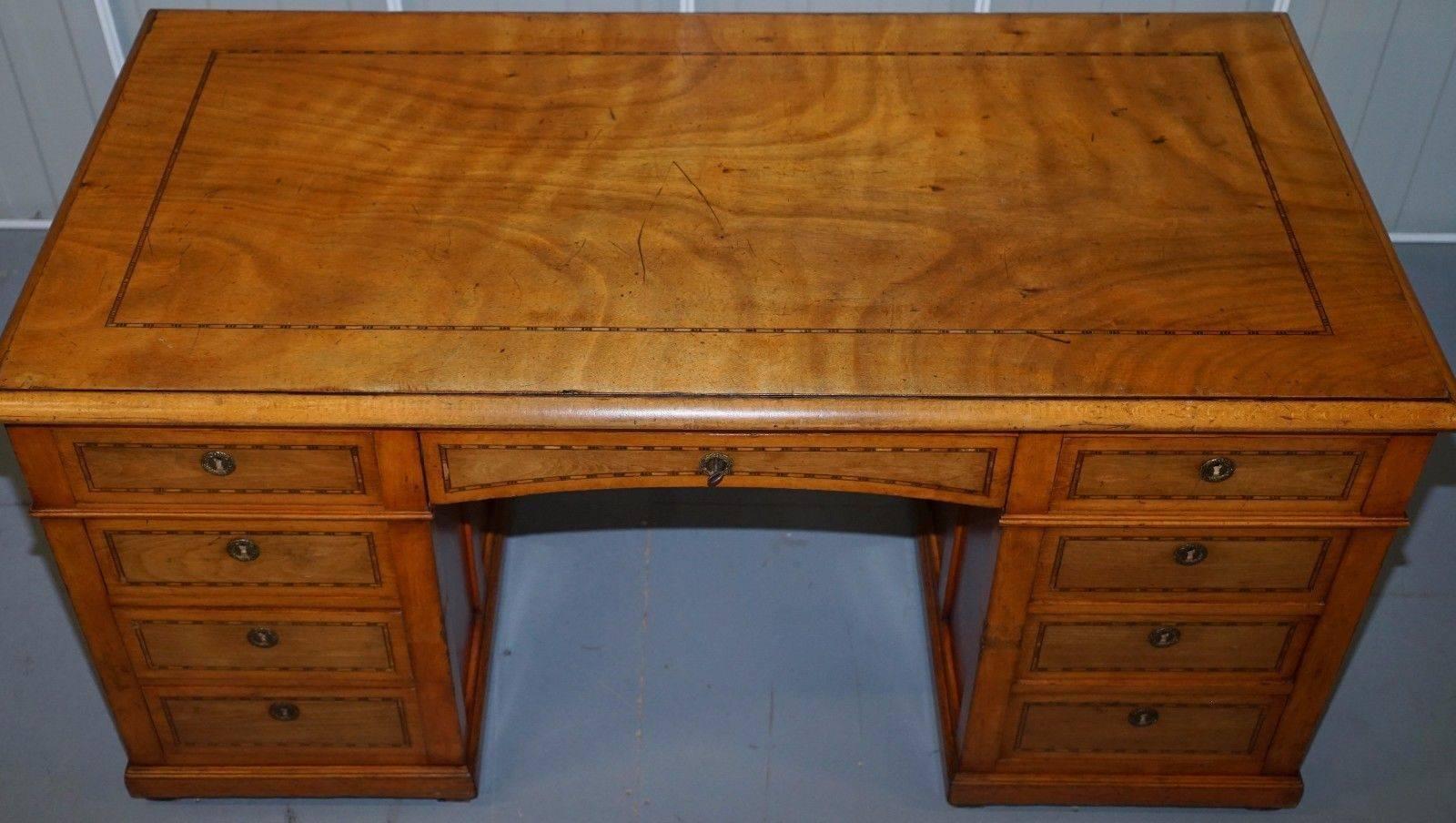 British Victorian Satinwood and Boxwood Inlay Twin Pedestal Partner Desk Gillows