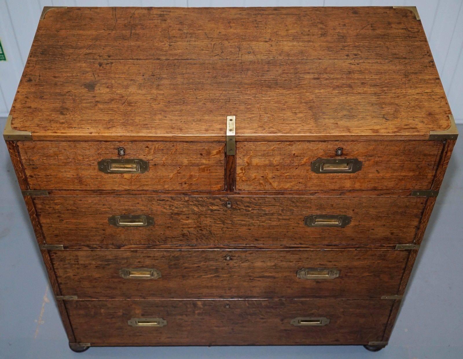 Edwardian Restored Solid English Oak Antique Military Campaign Chest of Drawers