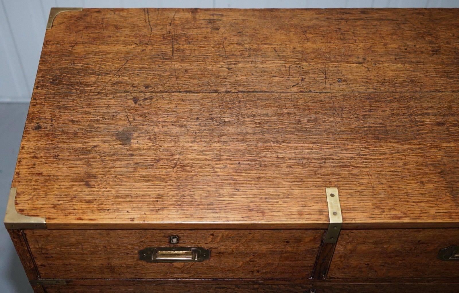British Restored Solid English Oak Antique Military Campaign Chest of Drawers
