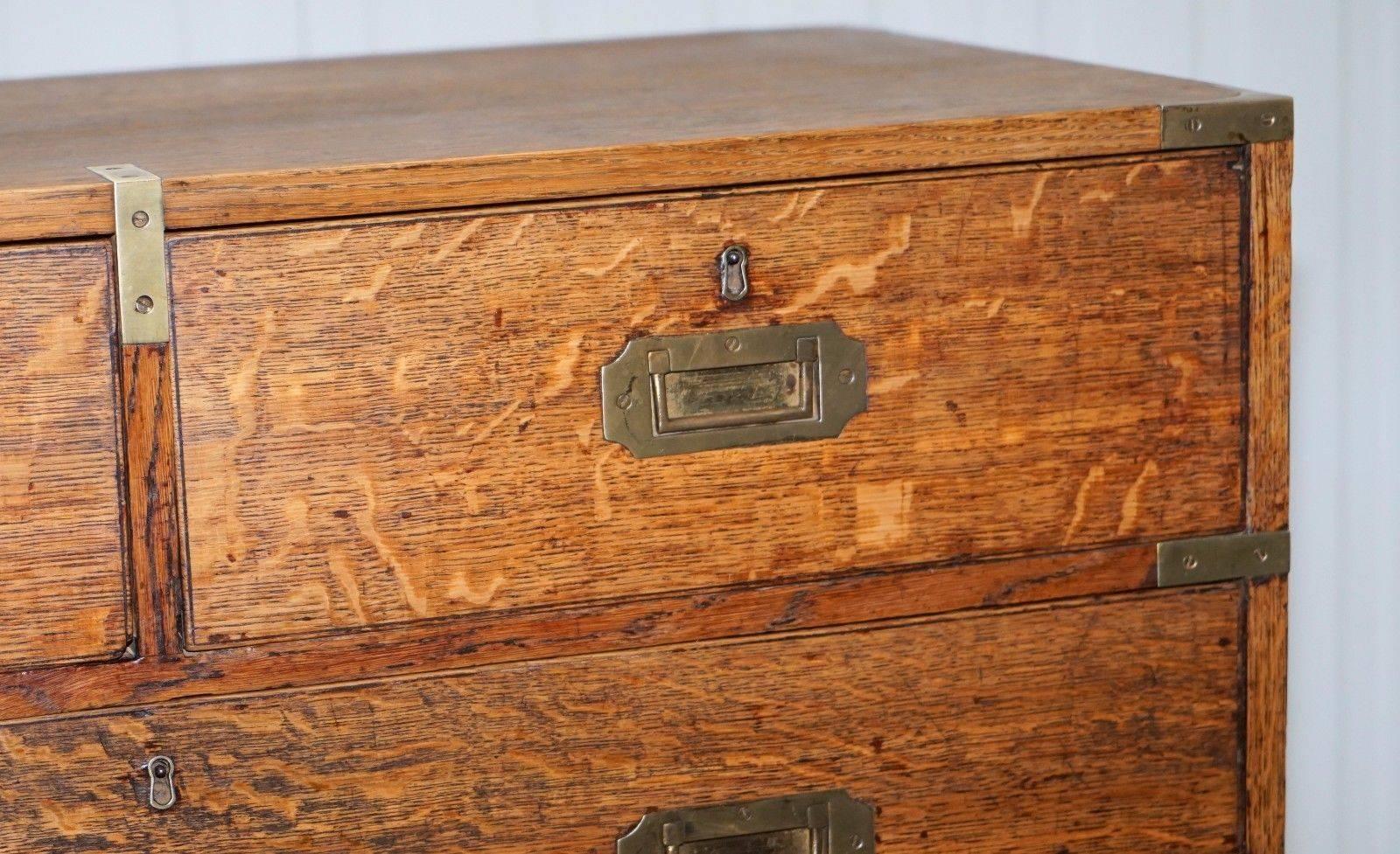 Hand-Carved Restored Solid English Oak Antique Military Campaign Chest of Drawers