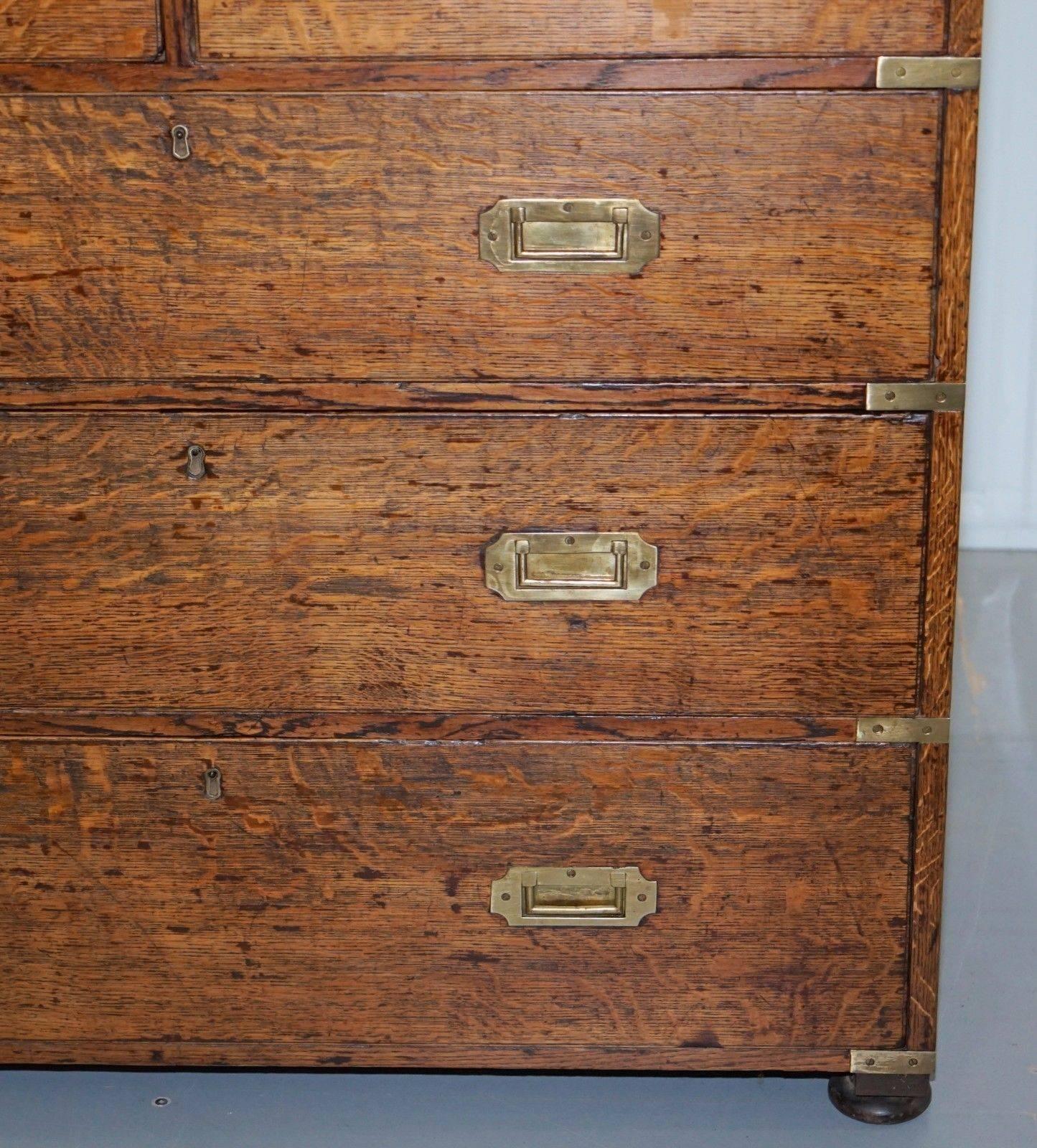 20th Century Restored Solid English Oak Antique Military Campaign Chest of Drawers