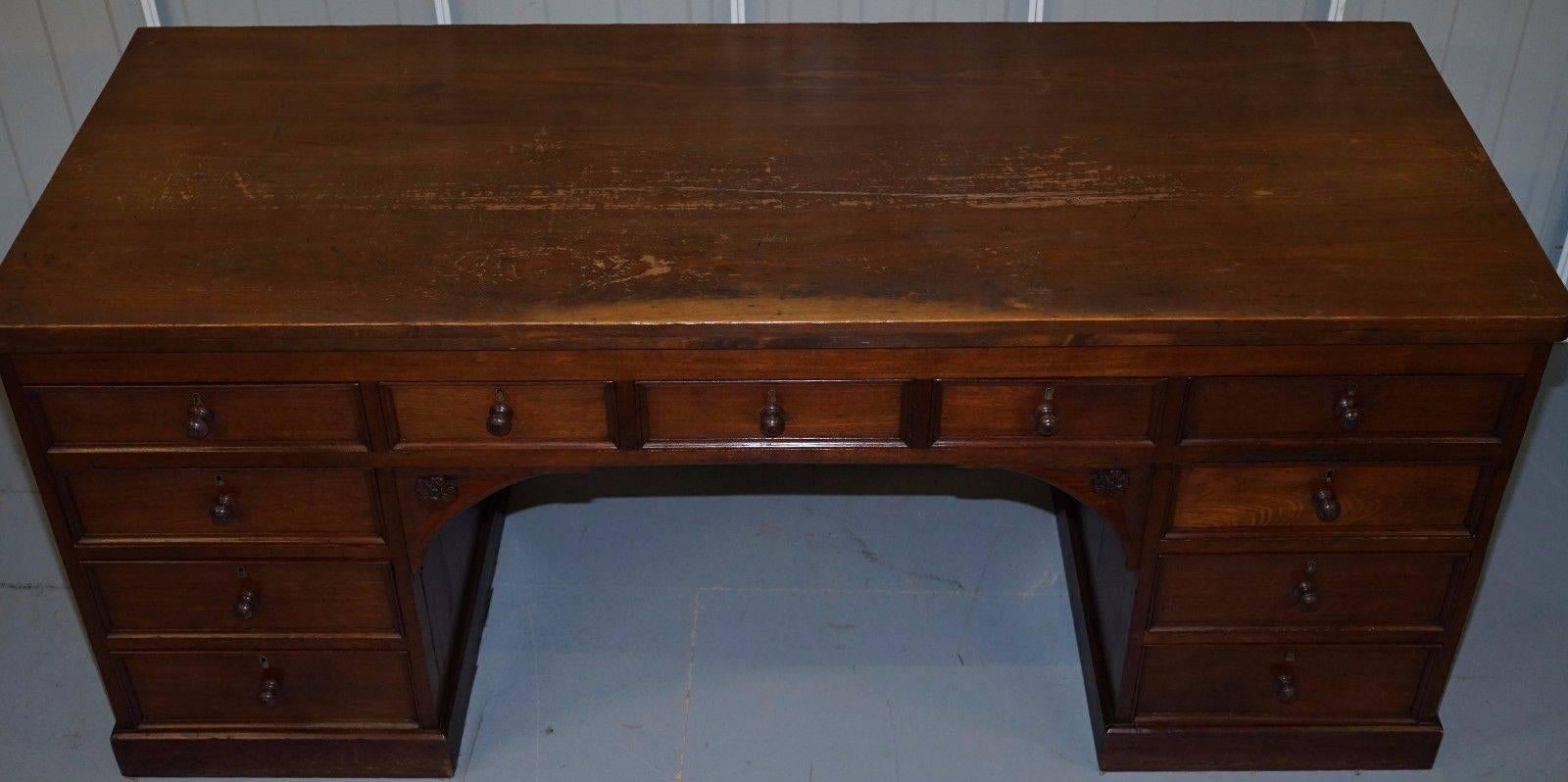 British Grand Victorian 1870 Walnut Pine Clerks Pedestal Desk