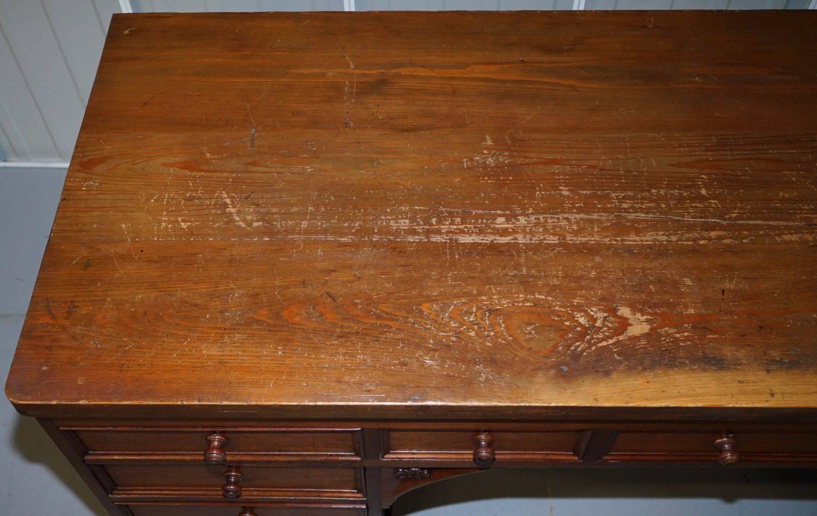 Hand-Carved Grand Victorian 1870 Walnut Pine Clerks Pedestal Desk