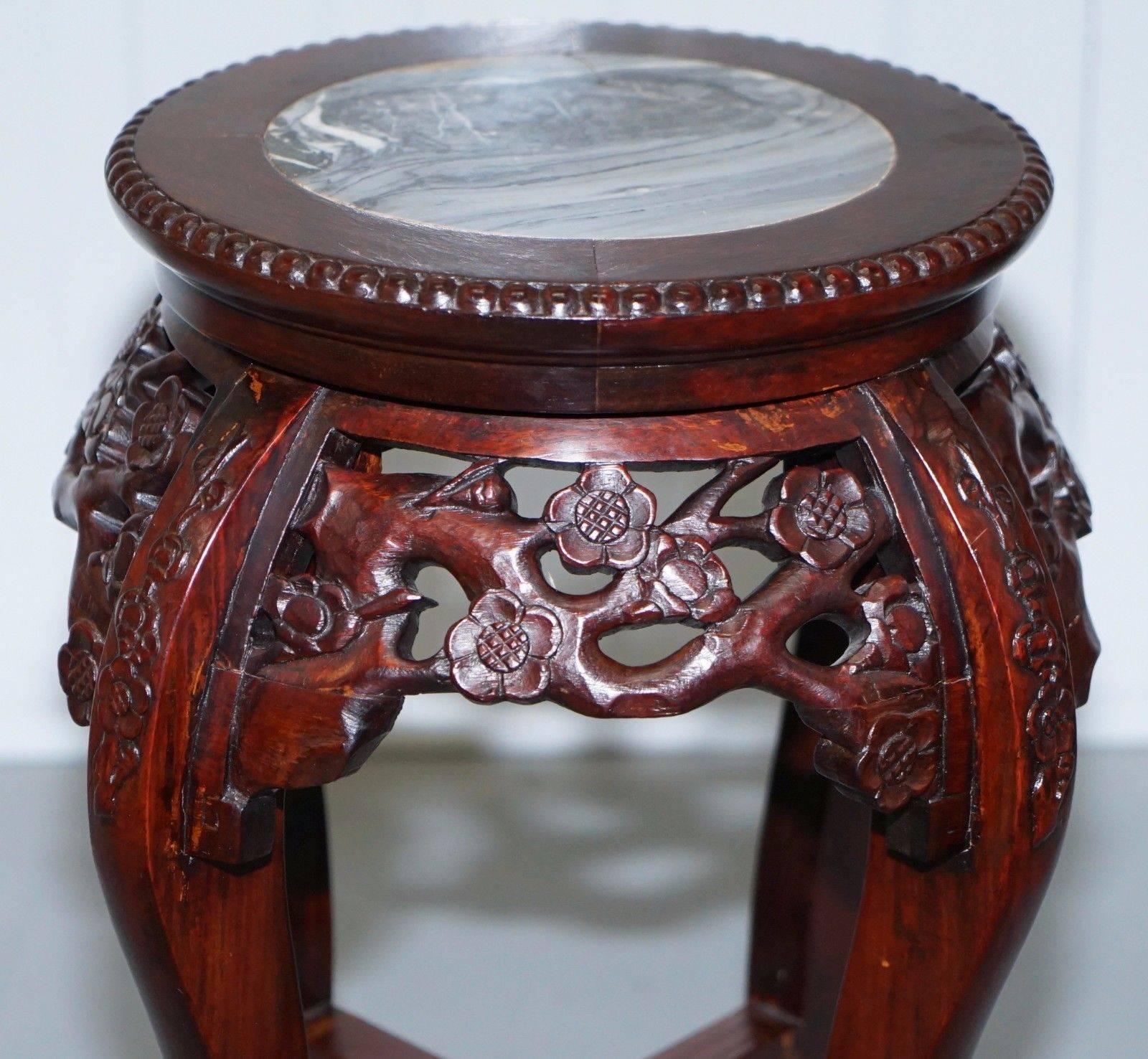 Chinese Export Chinese, circa 1920 Hongmu Floral Tree Carved Jardinière Plant Pot Stand