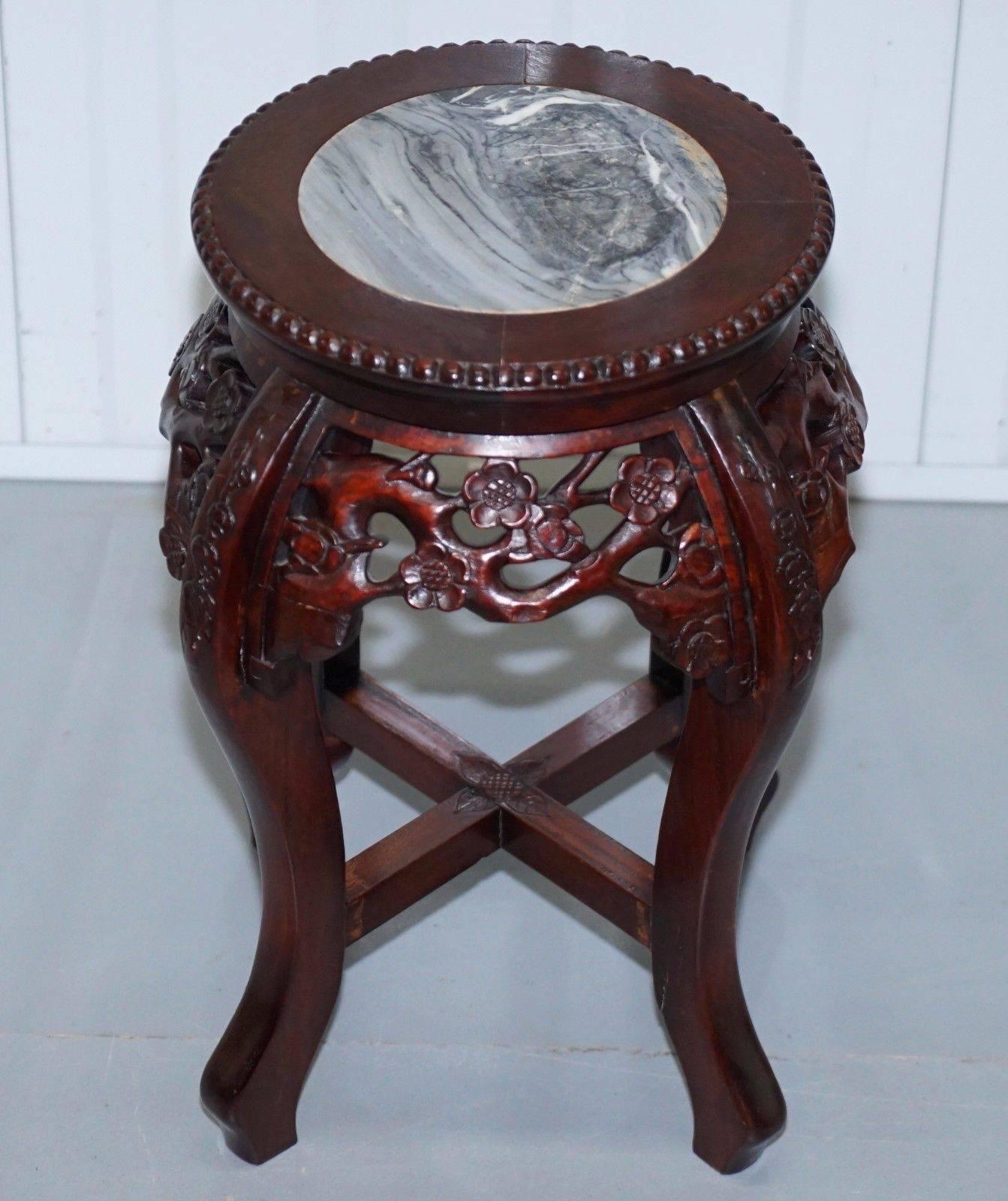 Hardwood Chinese, circa 1920 Hongmu Floral Tree Carved Jardinière Plant Pot Stand
