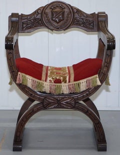 Pair of 16th Century Style Italian Dantesca Carved Wood Chairs Dante Savonarola