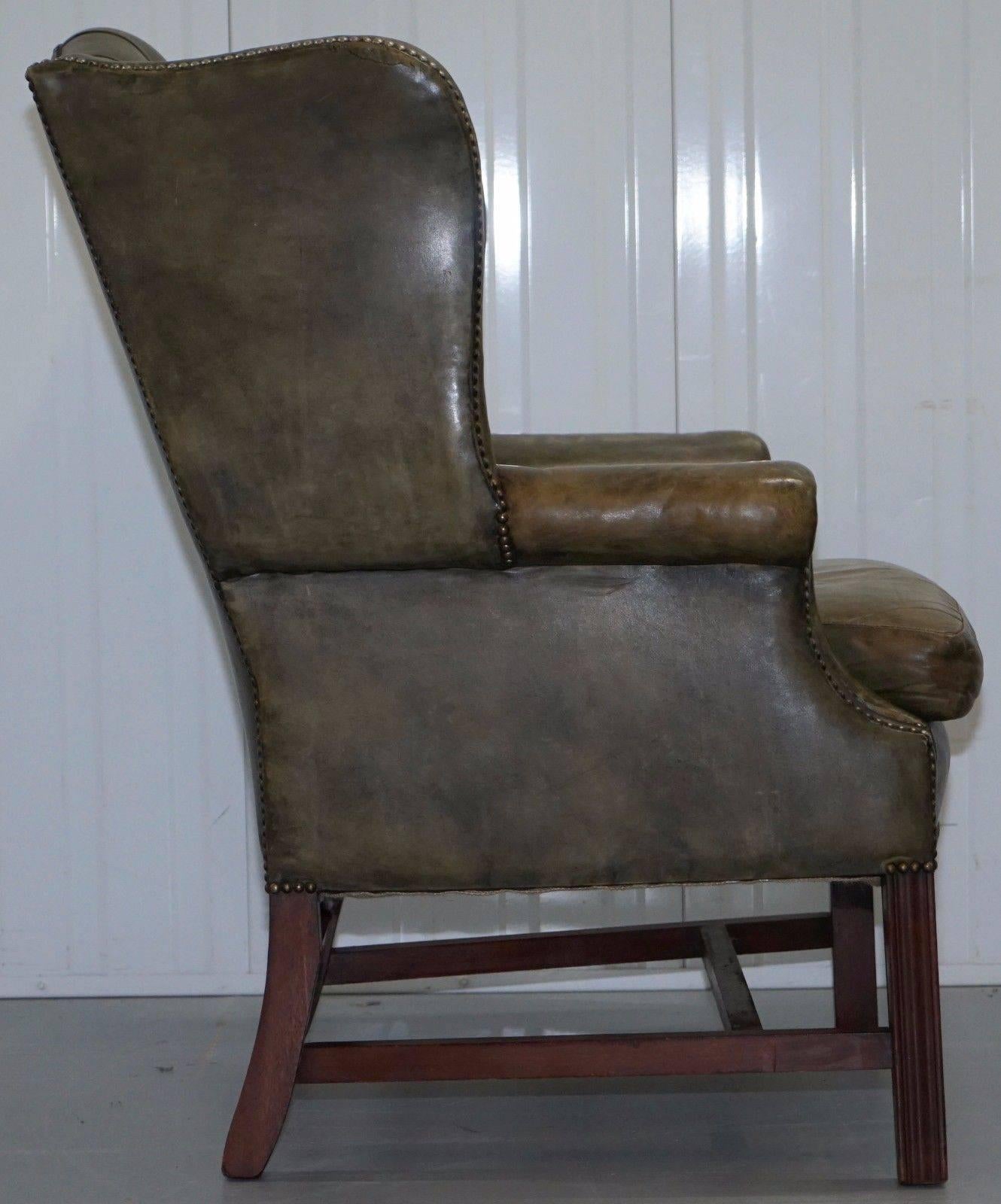 British Original Hand Dyed 1960s Green Leather Chesterfield Georgian Wingback Armchair