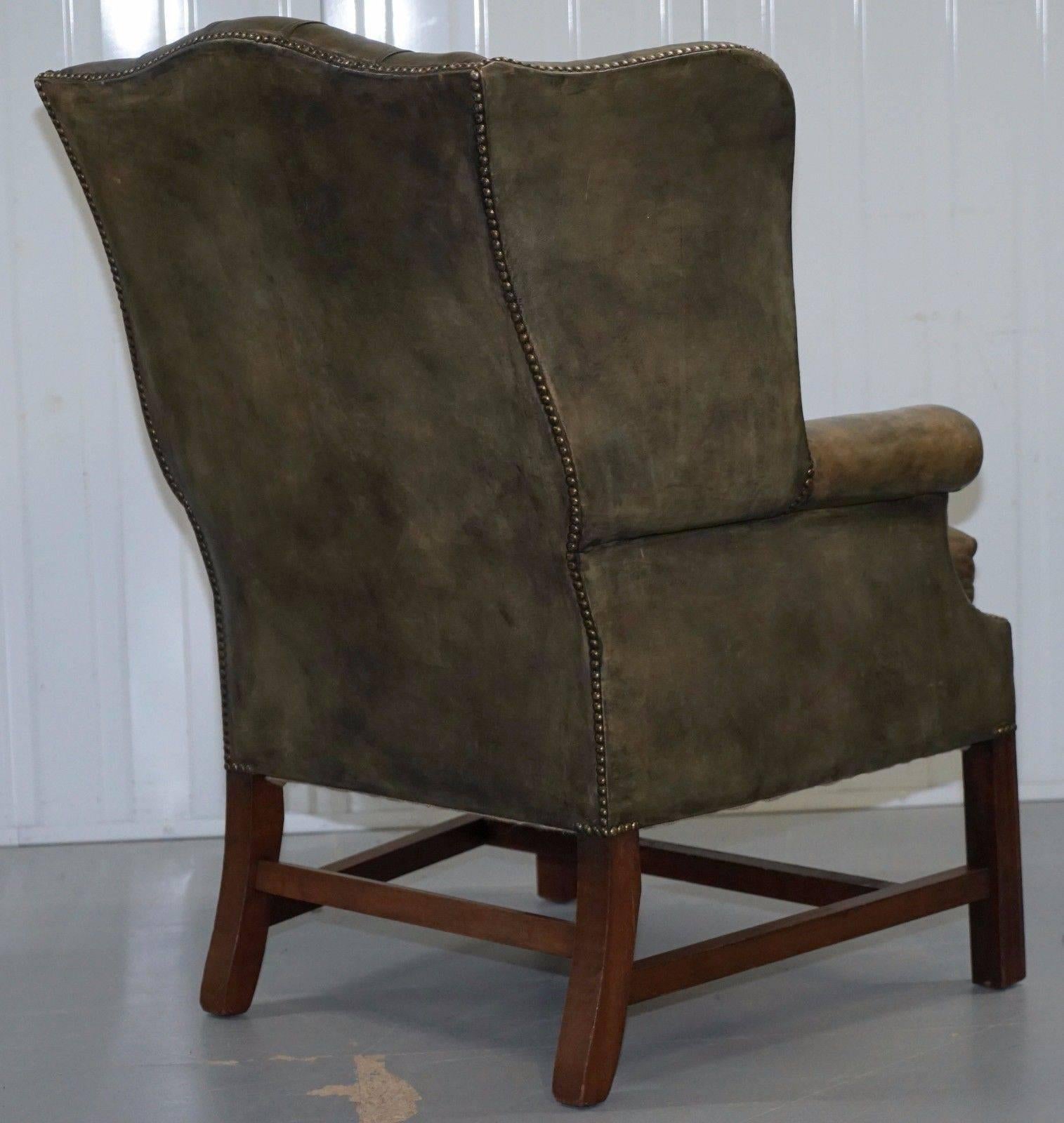 Hand-Carved Original Hand Dyed 1960s Green Leather Chesterfield Georgian Wingback Armchair
