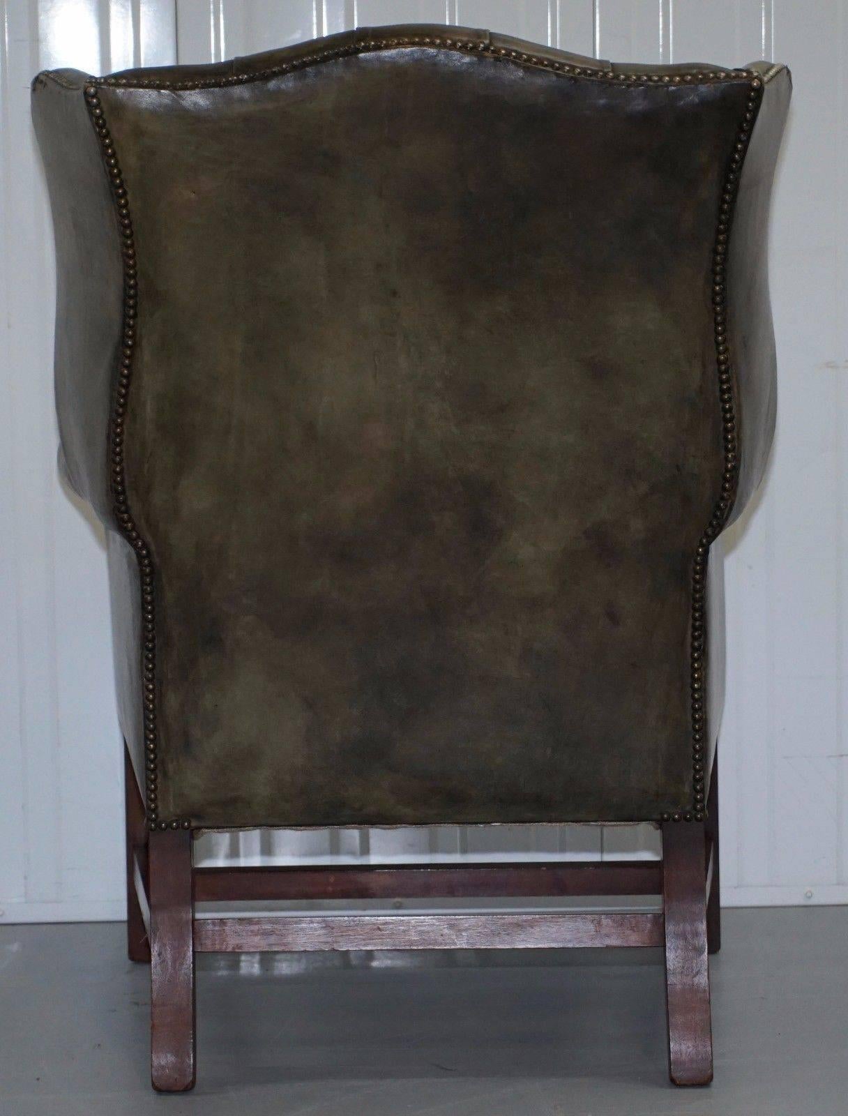 Mid-20th Century Original Hand Dyed 1960s Green Leather Chesterfield Georgian Wingback Armchair