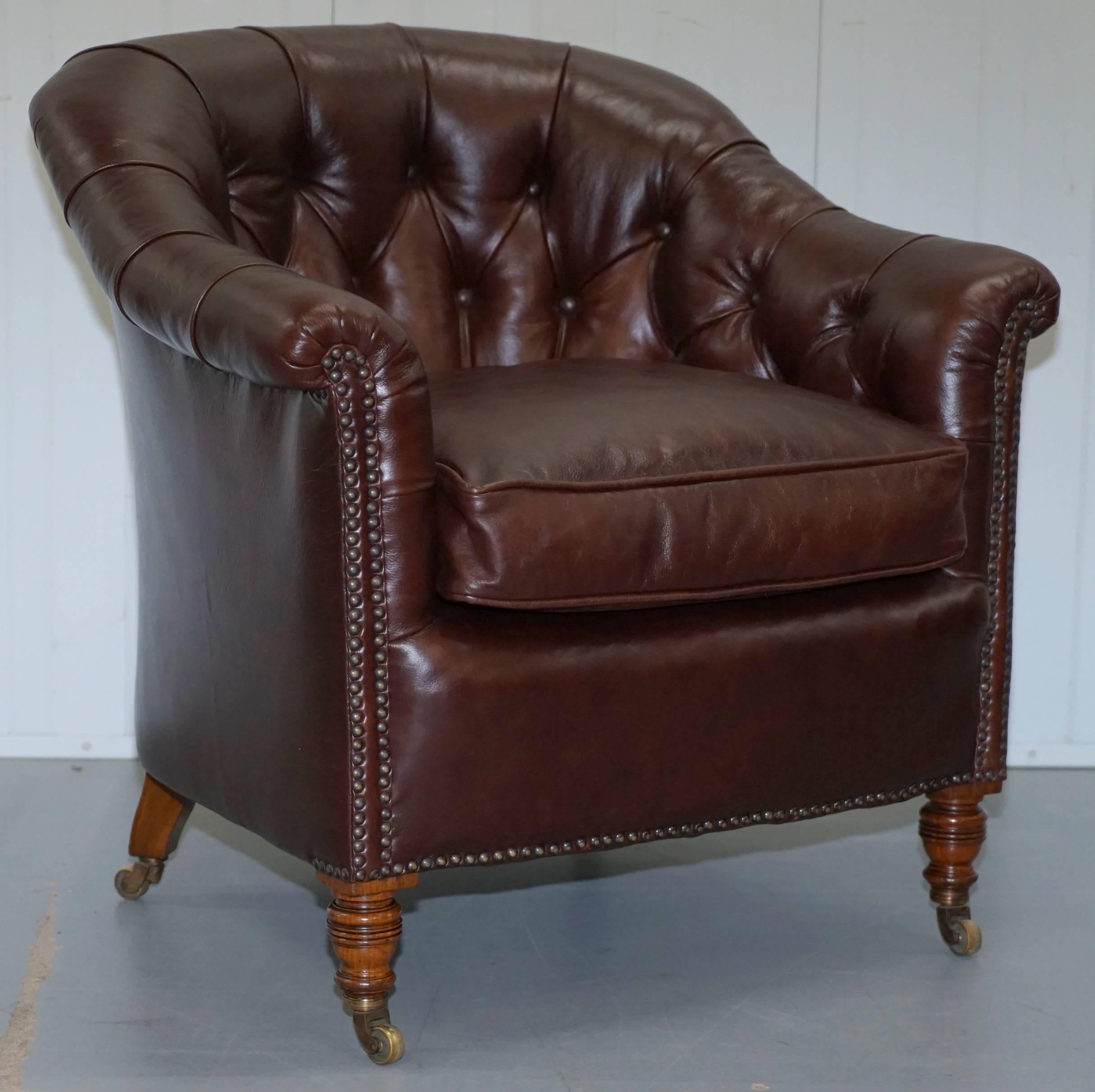 Rare pair of original Howard & Sons fully stamped with original castors Victorian fully restored brown leather club tub armchairs

Please note the delivery fee listed is just a guide, for an accurate quote please send me your postcode and I’ll price