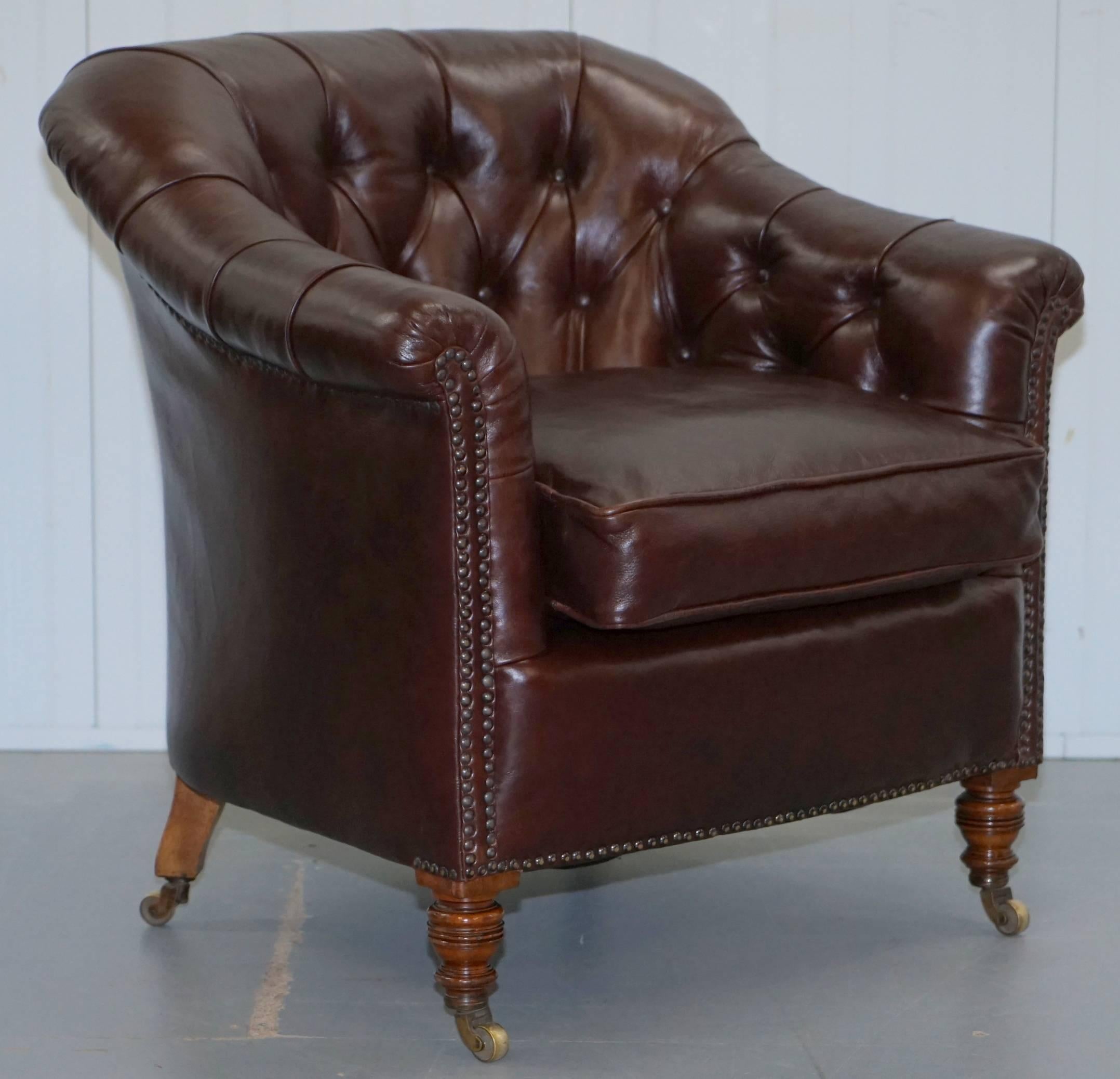 Pair of Fully Restored Howard & Sons Brown Leather Fully Stamped Club Armchairs 1