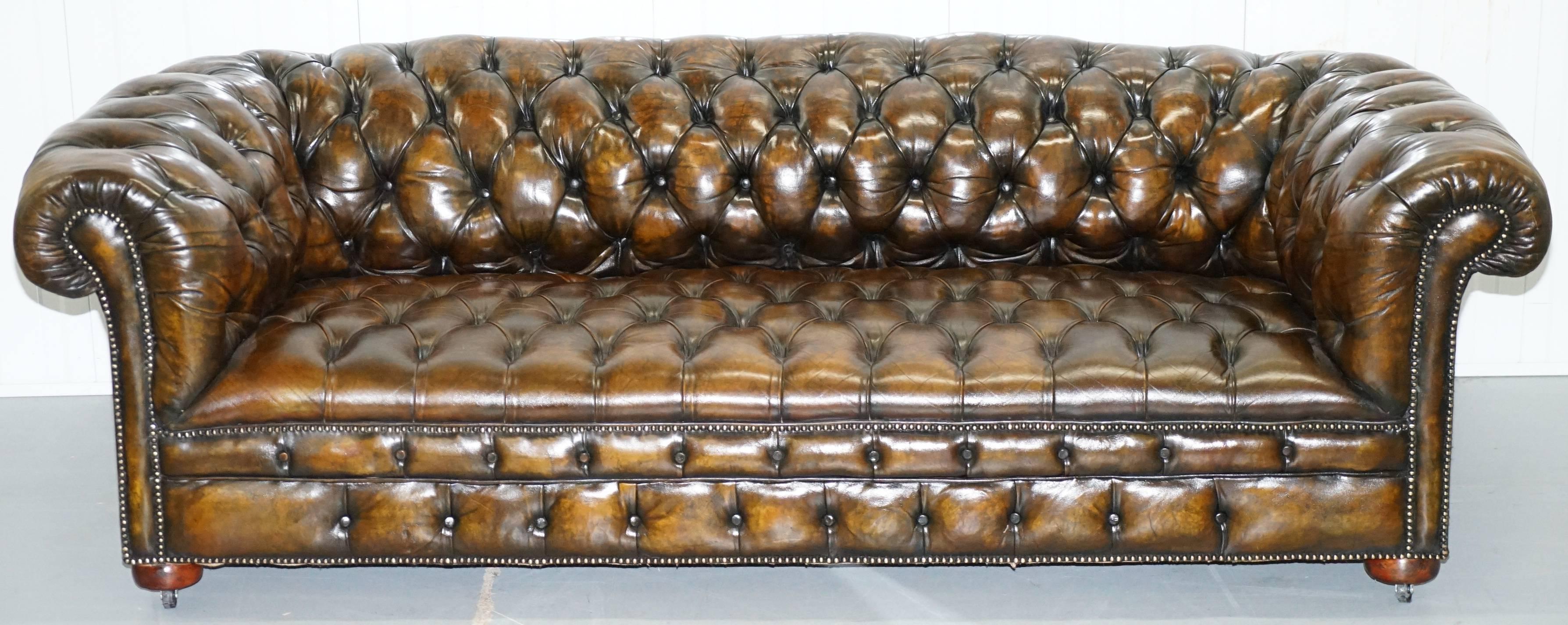 Rare original, 1940s fully restored hand dyed cigar brown leather gentleman’s Chesterfield club sofa

Please note the delivery fee listed is just a guide, for an accurate quote please send me your postcode and I’ll price it up for you

When looking