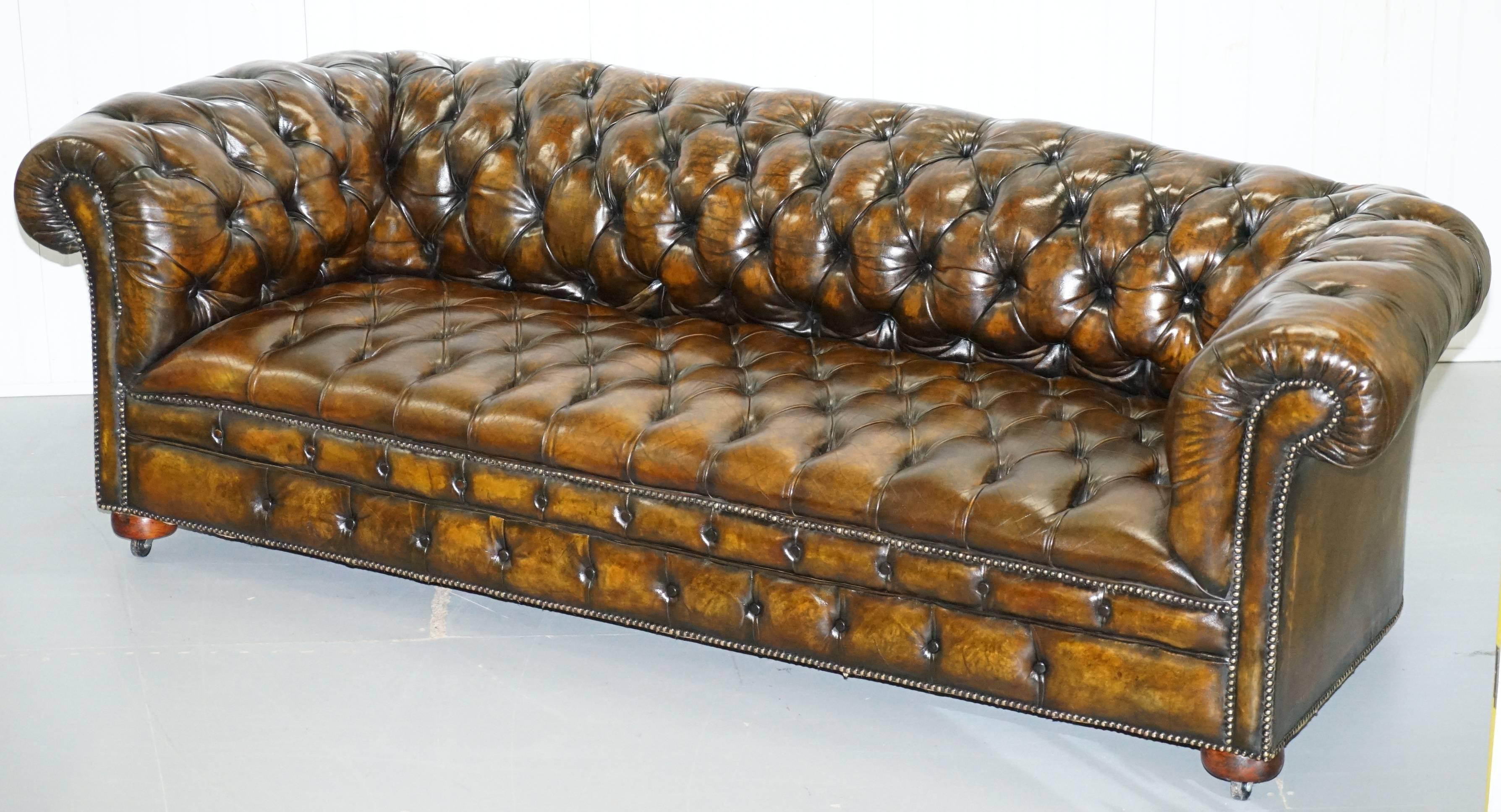 Victorian Very Rare Vintage, 1940s Hand Dyed Large Brown Leather Chesterfield Club Sofa