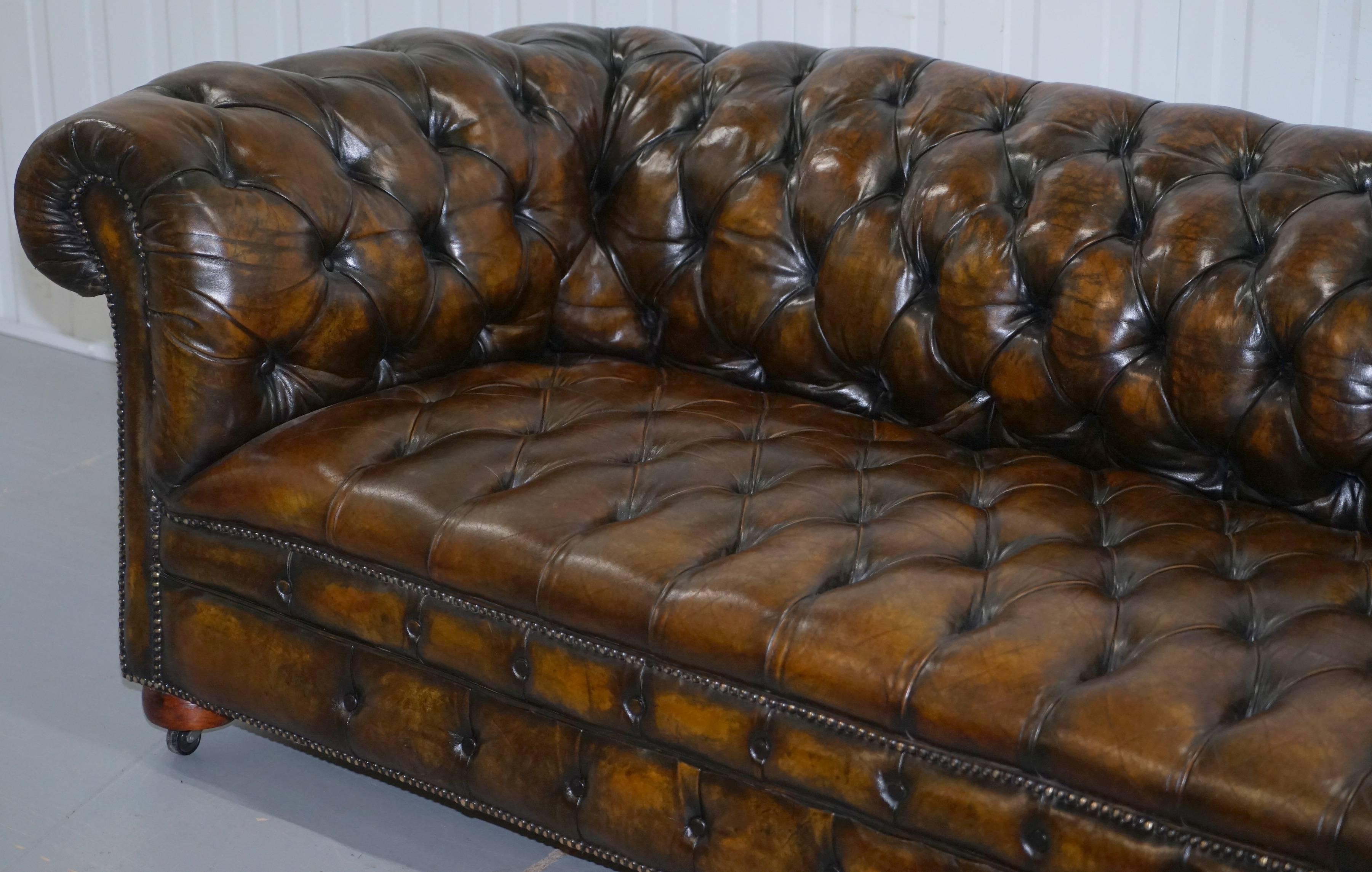 British Very Rare Vintage, 1940s Hand Dyed Large Brown Leather Chesterfield Club Sofa