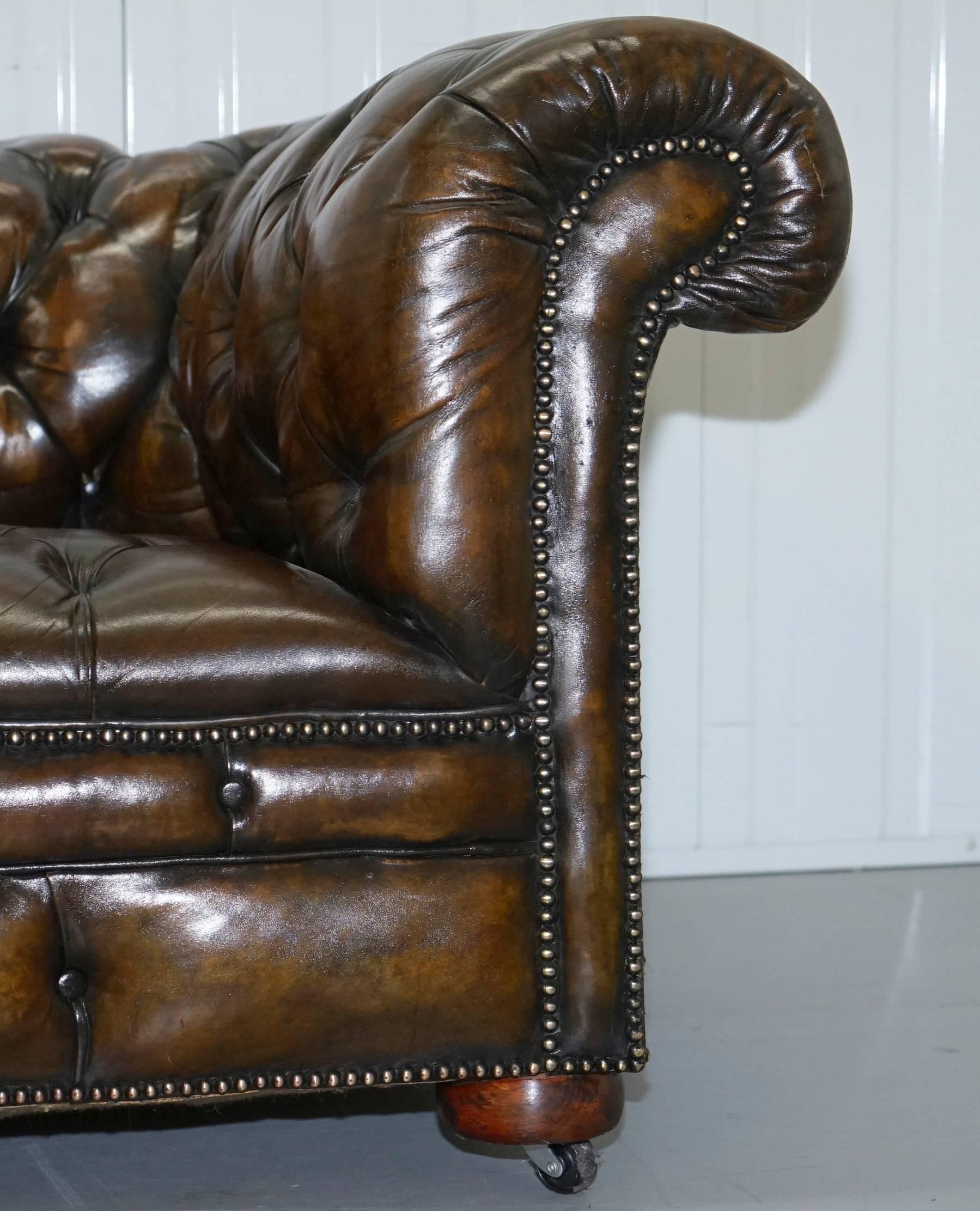 Hand-Carved Very Rare Vintage, 1940s Hand Dyed Large Brown Leather Chesterfield Club Sofa