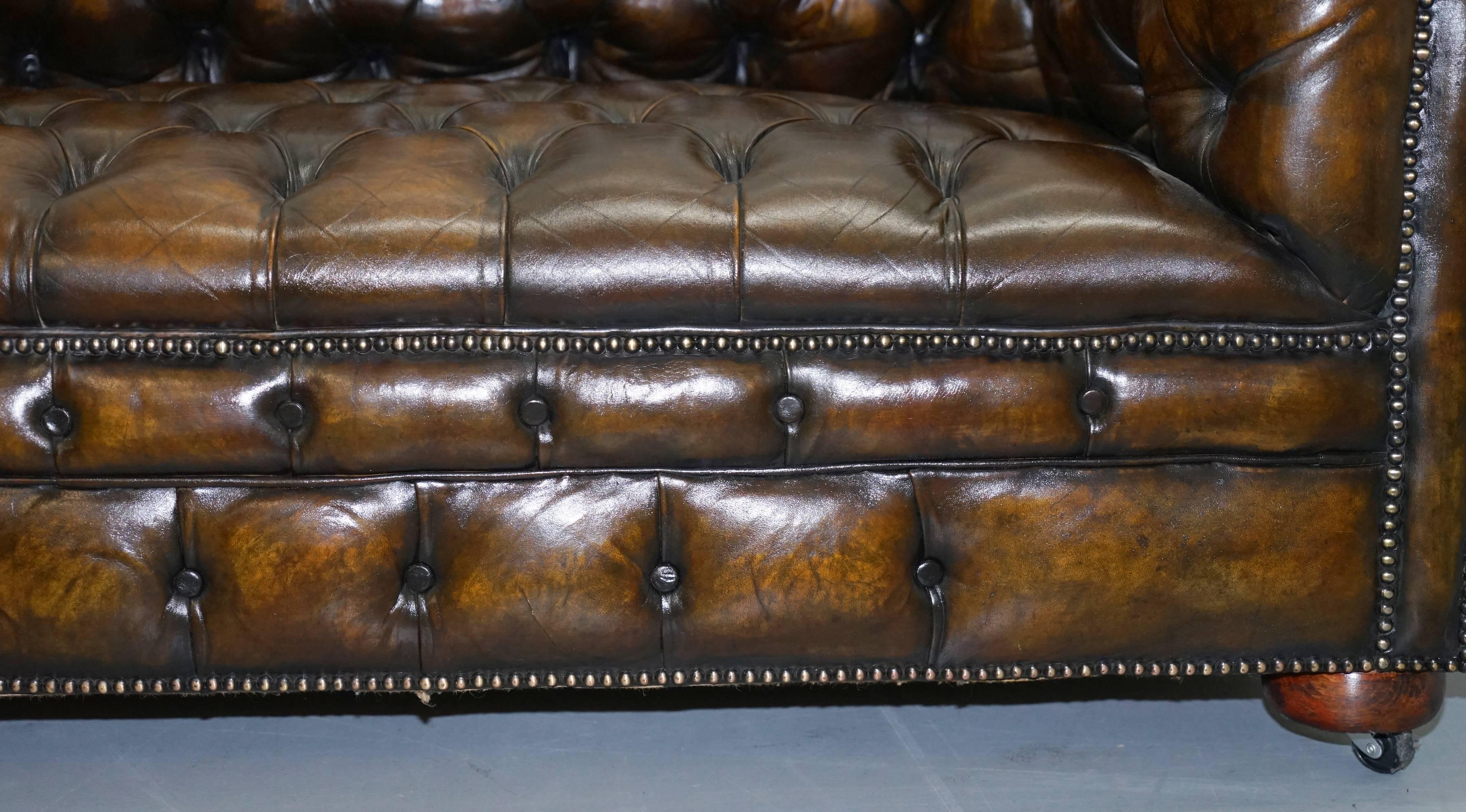 Mid-20th Century Very Rare Vintage, 1940s Hand Dyed Large Brown Leather Chesterfield Club Sofa