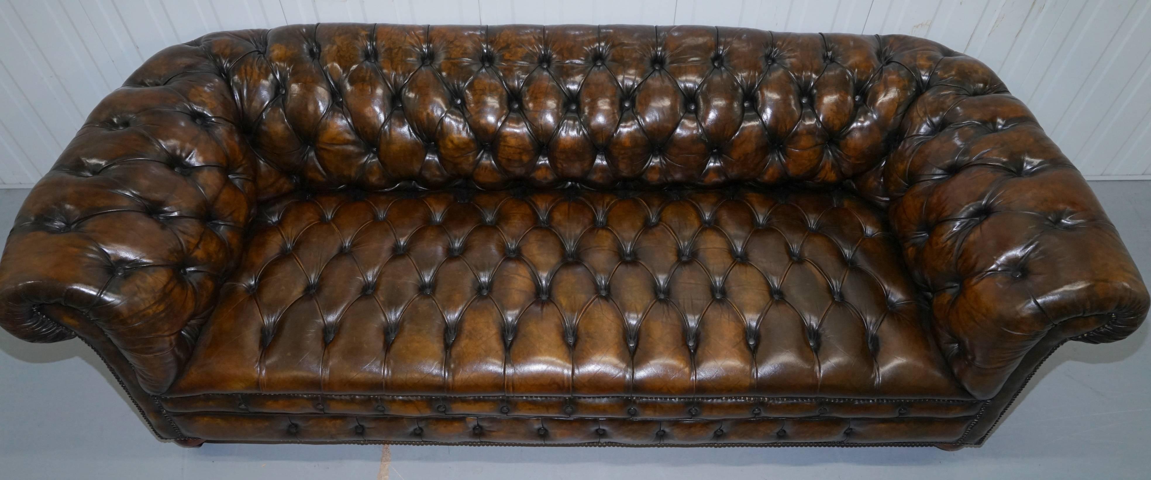 Very Rare Vintage, 1940s Hand Dyed Large Brown Leather Chesterfield Club Sofa 1