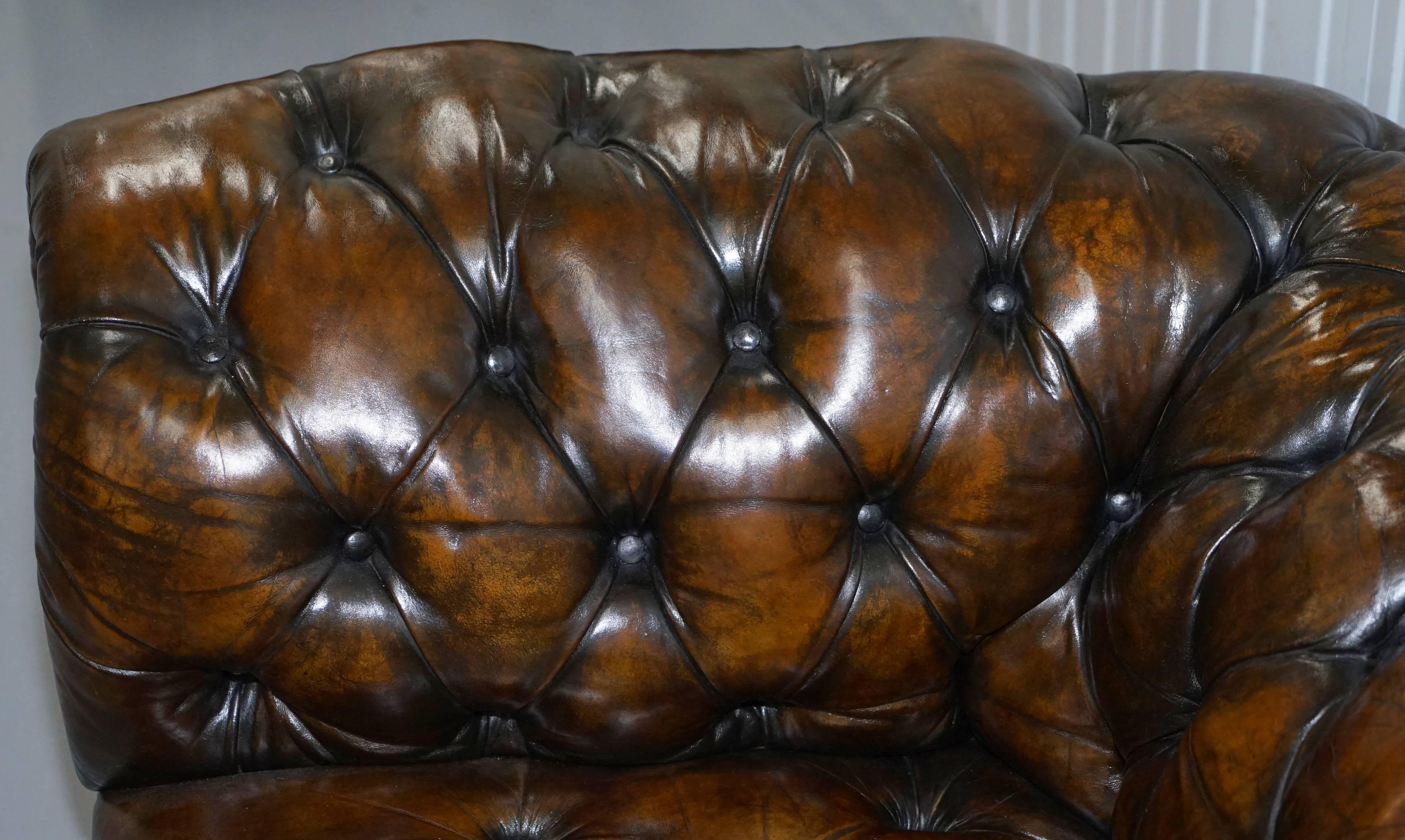 Very Rare Vintage, 1940s Hand Dyed Large Brown Leather Chesterfield Club Sofa 2