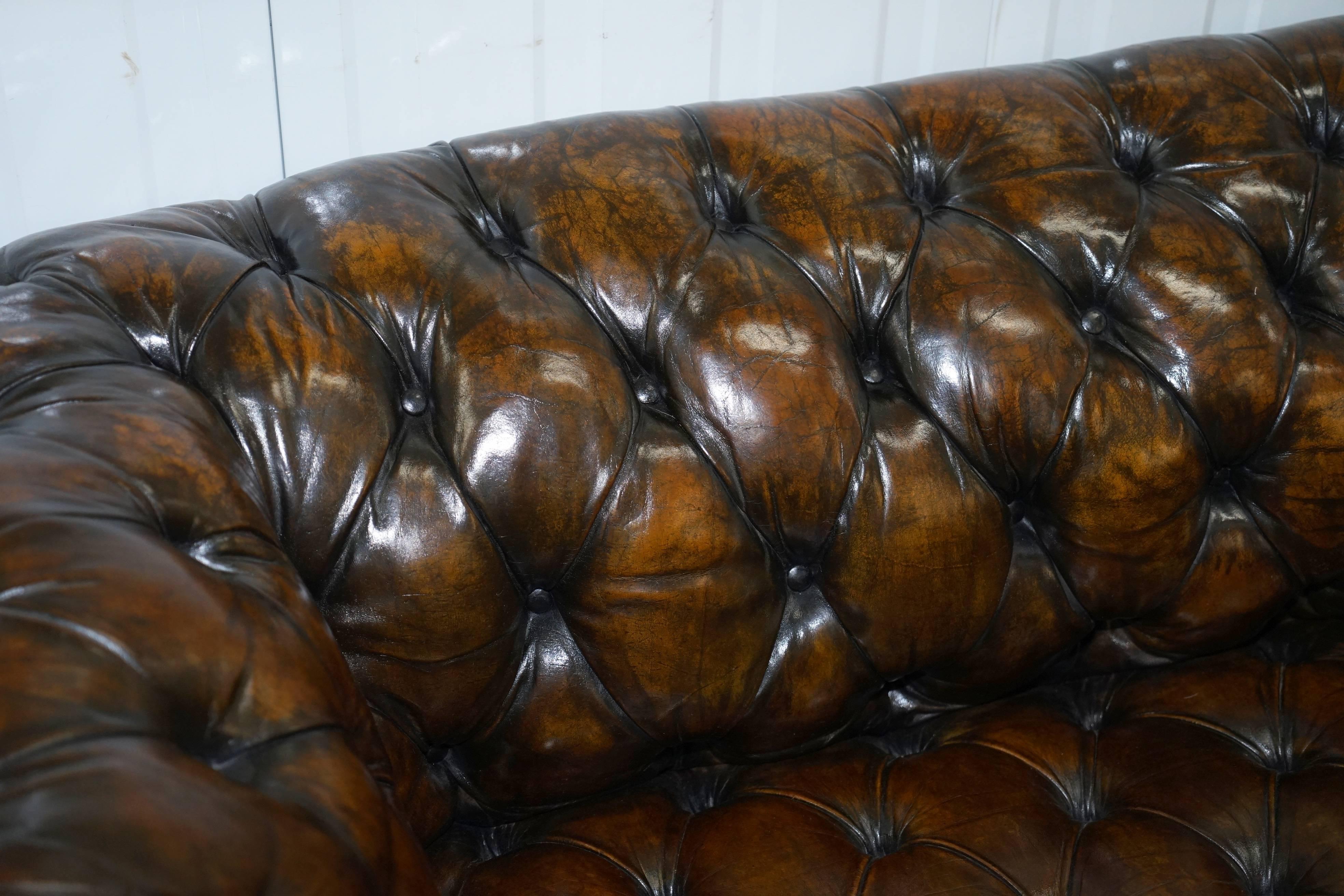 Very Rare Vintage, 1940s Hand Dyed Large Brown Leather Chesterfield Club Sofa 3