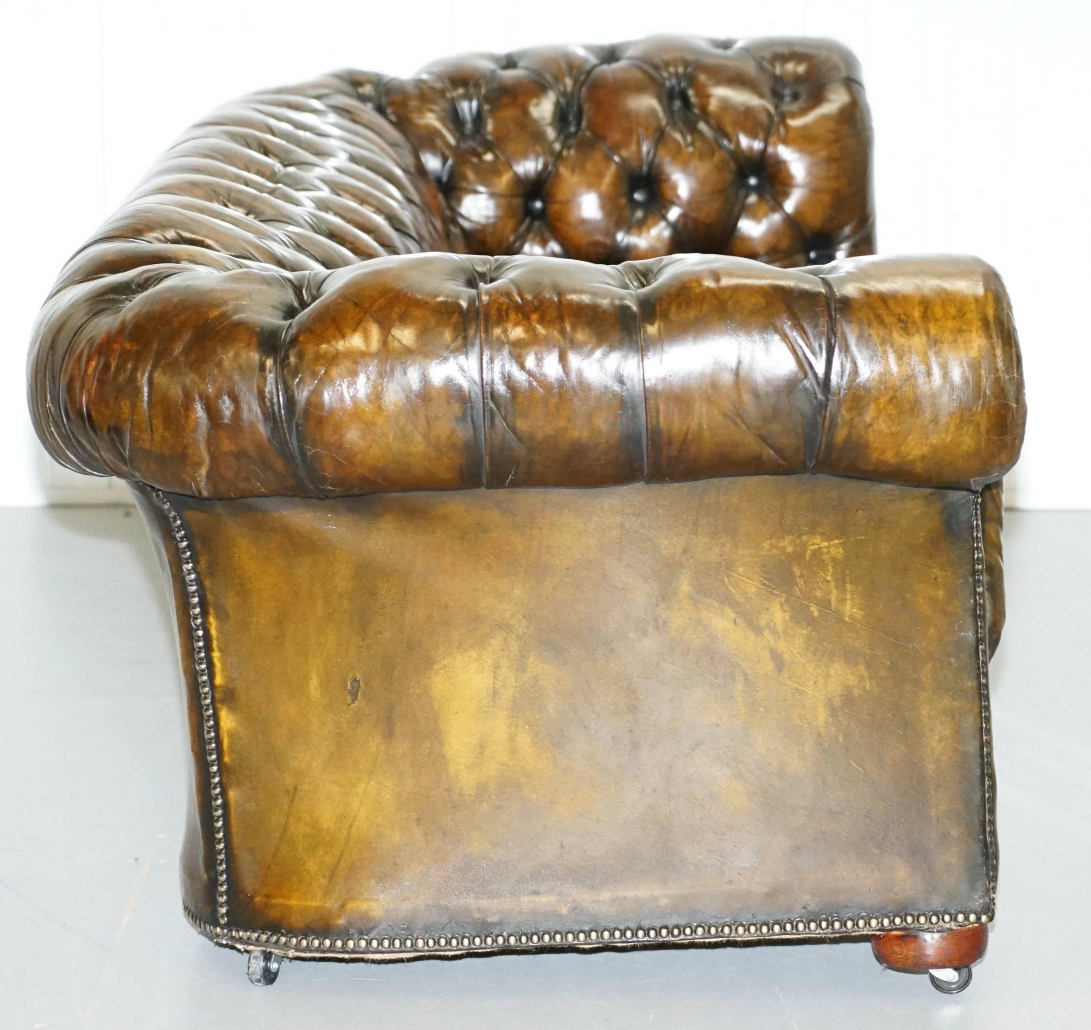 Very Rare Vintage, 1940s Hand Dyed Large Brown Leather Chesterfield Club Sofa 4