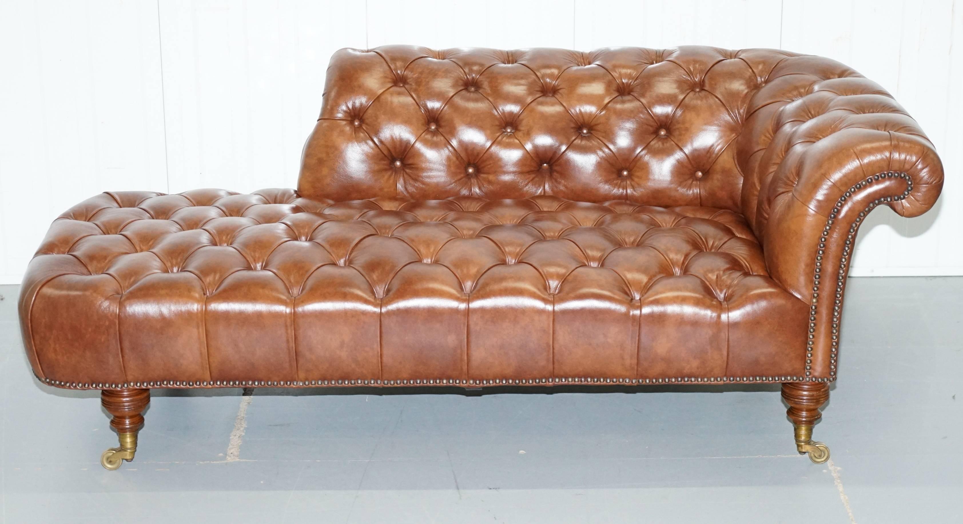 Very rare original Howard & Sons fully stamped with original castors Victorian fully restored brown leather Chesterbed chaise longue.

Please note the delivery fee listed is just a guide, for an accurate quote please send me your postcode and