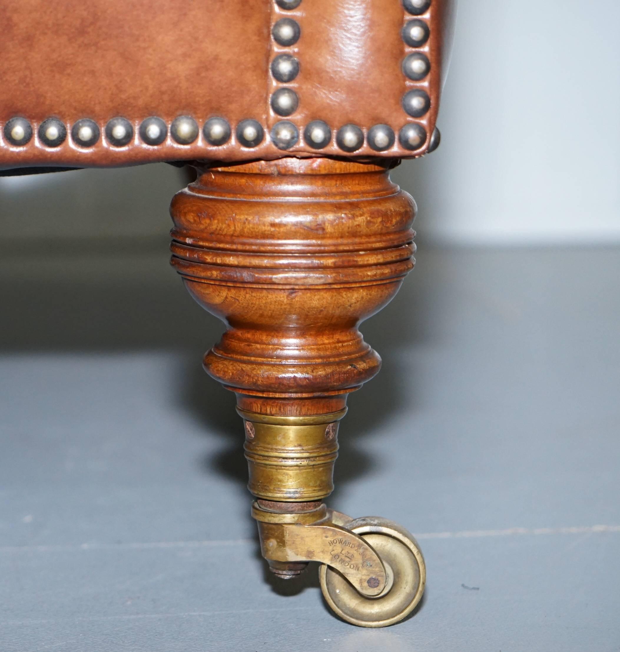 British Howard & Sons Chesterfield Chesterbed Brown Leather Fully Stamped Chaise Longue