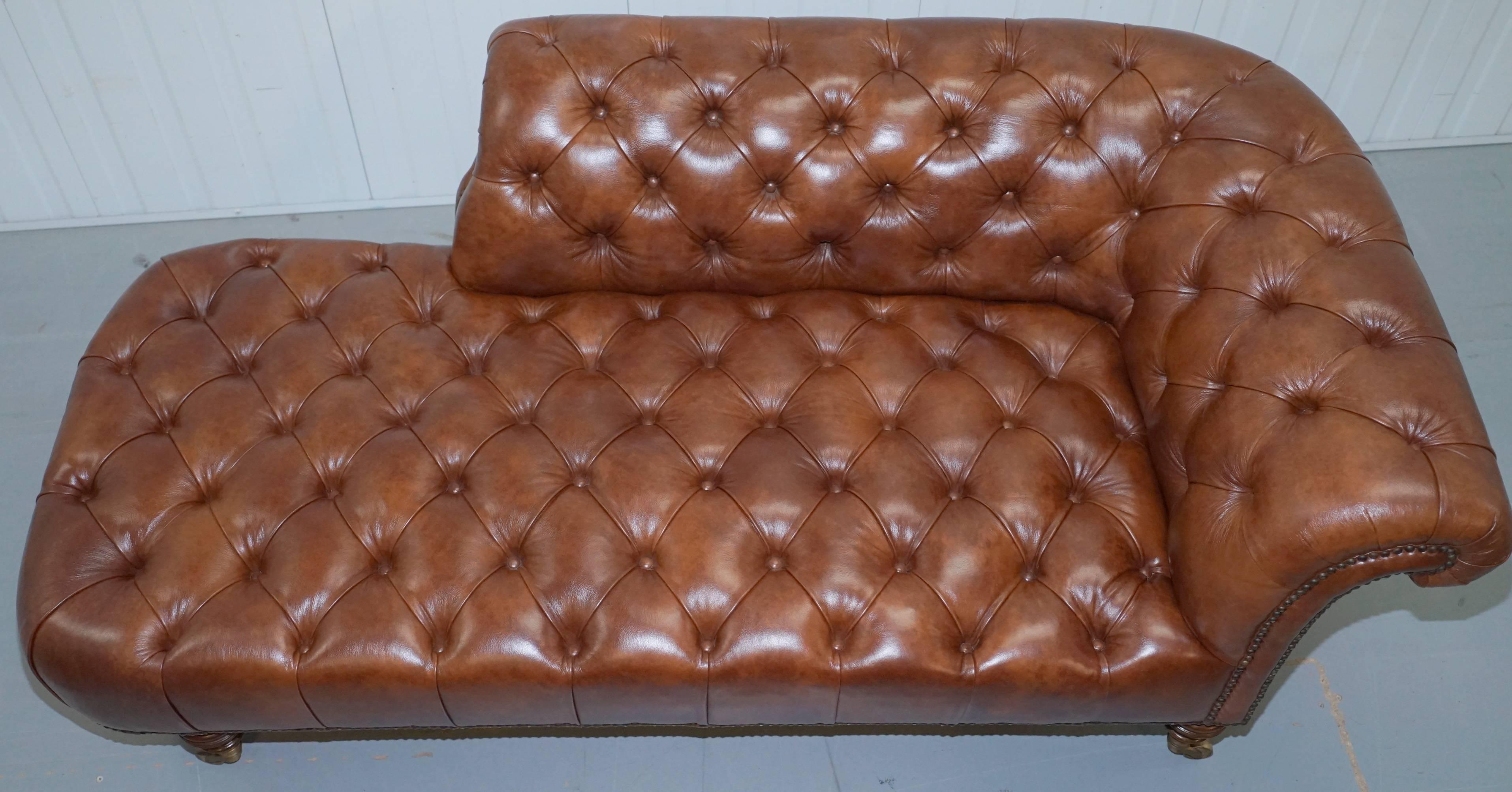 Hand-Carved Howard & Sons Chesterfield Chesterbed Brown Leather Fully Stamped Chaise Longue 