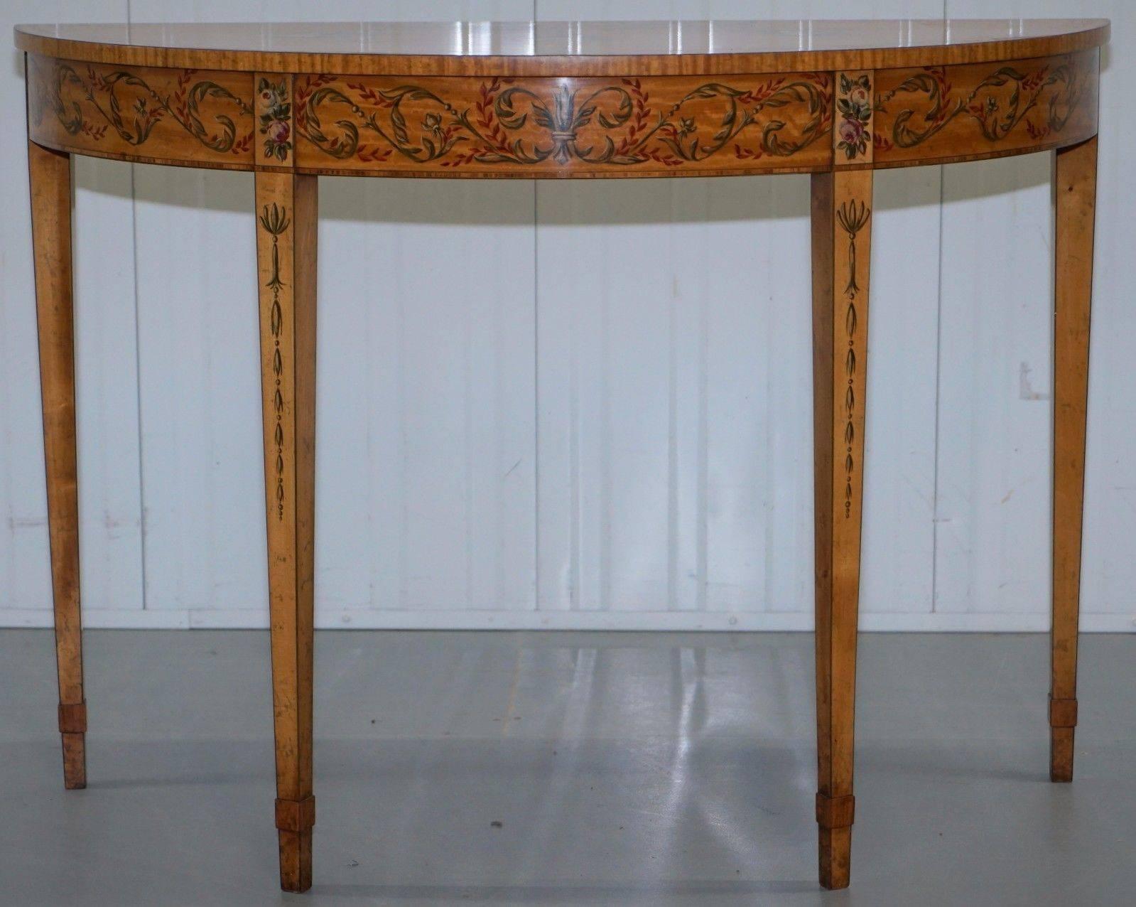Hand-Crafted Hand-Painted Satinwood Sheraton Revival Victorian Demi Lune Console Side Table