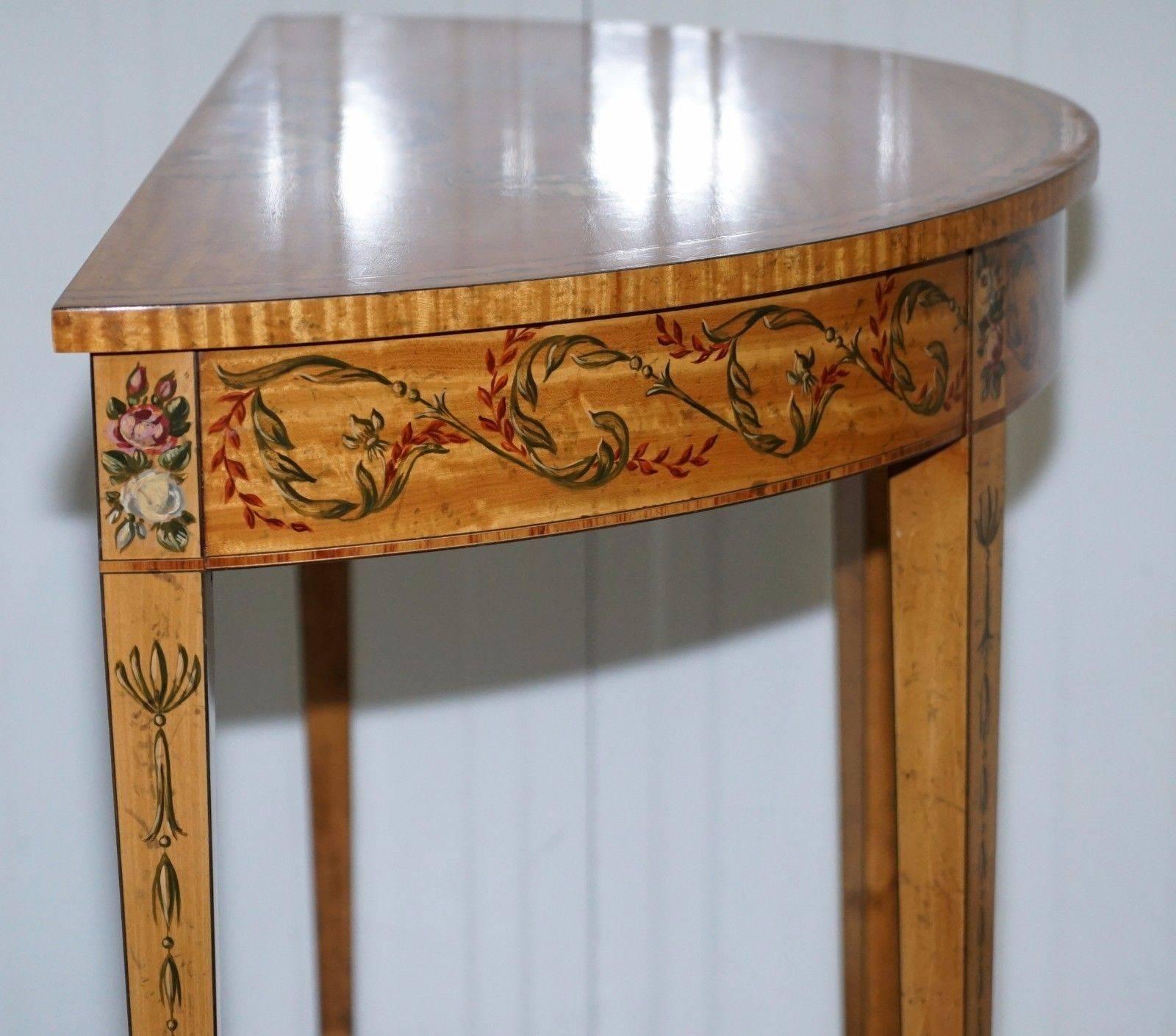 Hand-Painted Satinwood Sheraton Revival Victorian Demi Lune Console Side Table 1