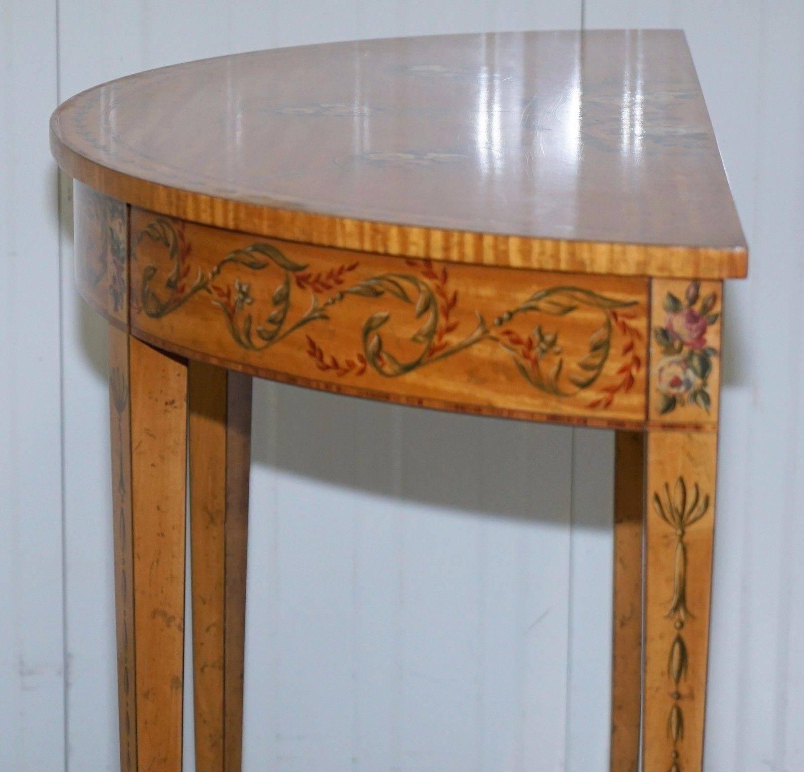 Hand-Painted Satinwood Sheraton Revival Victorian Demi Lune Console Side Table 2