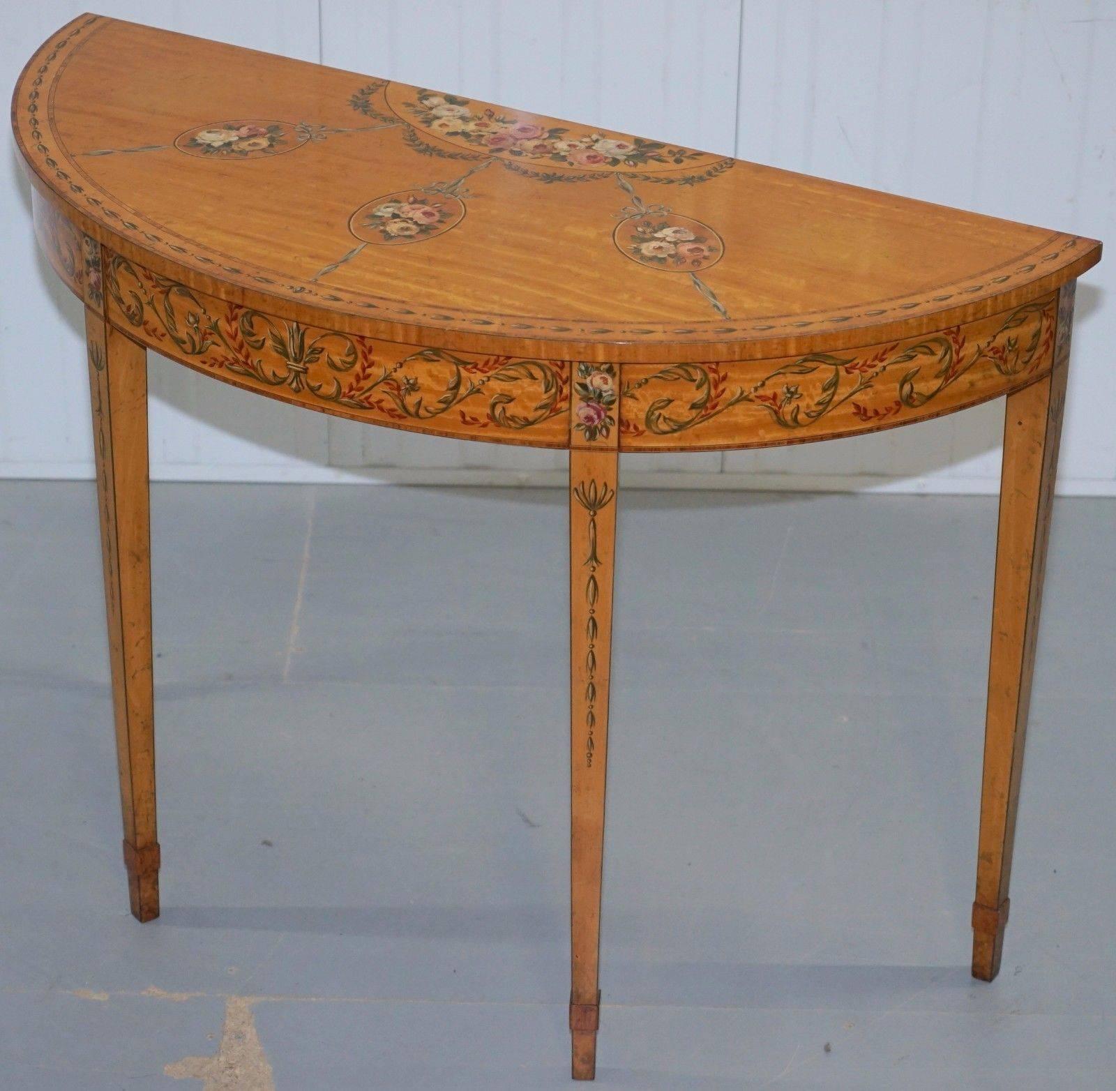 British Hand-Painted Satinwood Sheraton Revival Victorian Demi Lune Console Side Table