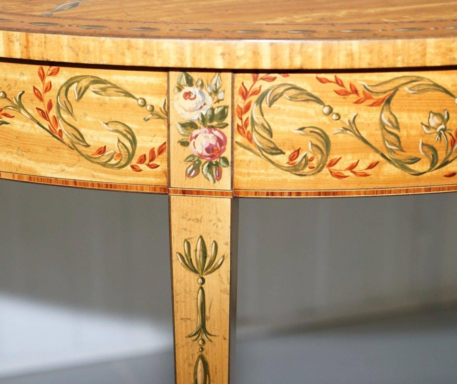 19th Century Hand-Painted Satinwood Sheraton Revival Victorian Demi Lune Console Side Table